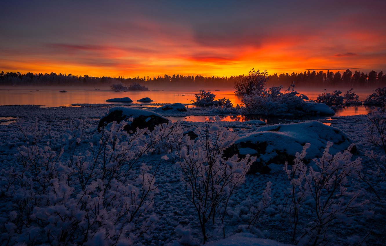 Photo Wallpaper Winter, Sunset, River, Sweden, Sweden, - Snow Sunset Iphone X Background - HD Wallpaper 