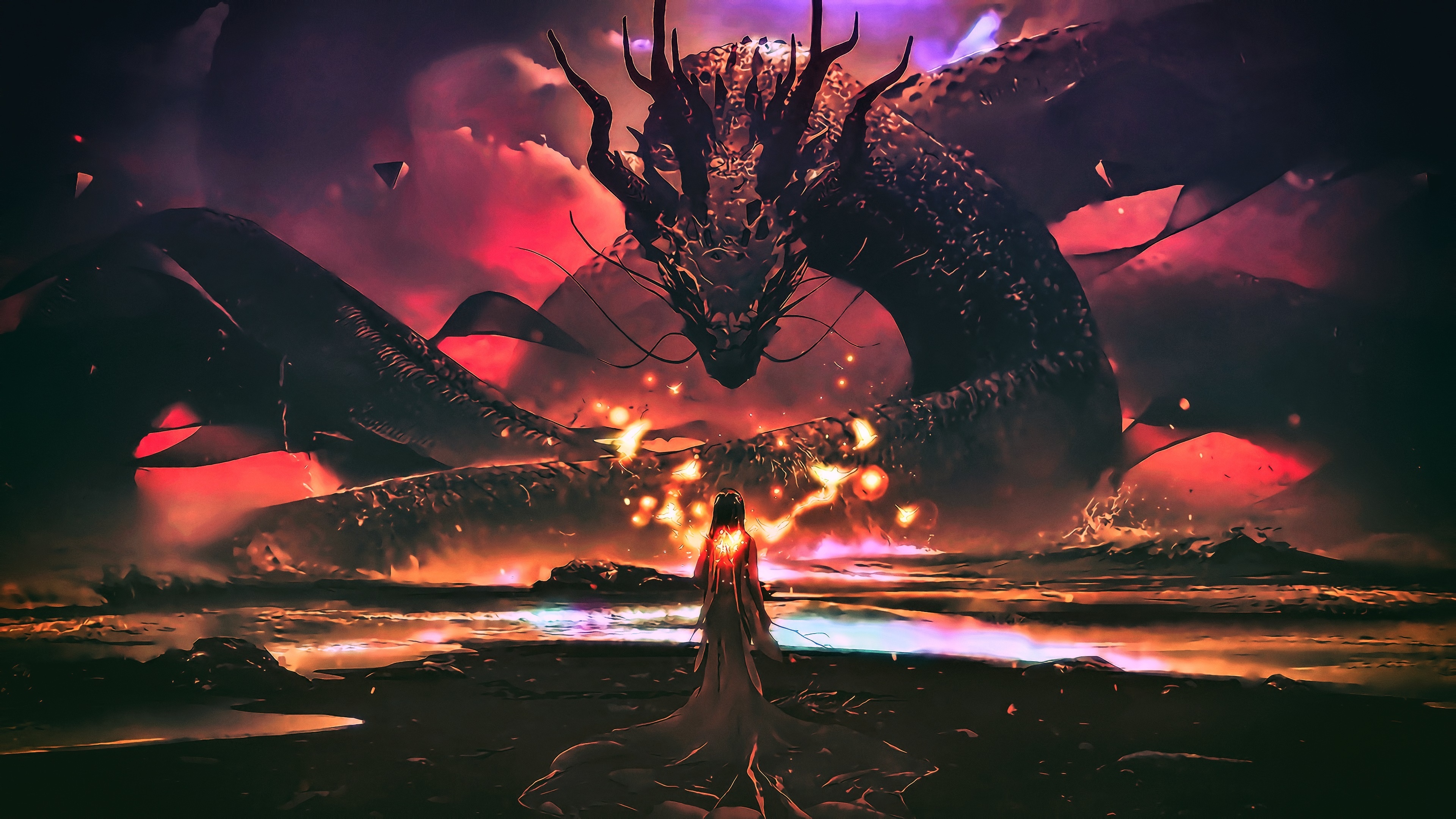 Dragon, Sea Monster, Woman, Fantasy, Art, Wallpaper - Digital Art - HD Wallpaper 
