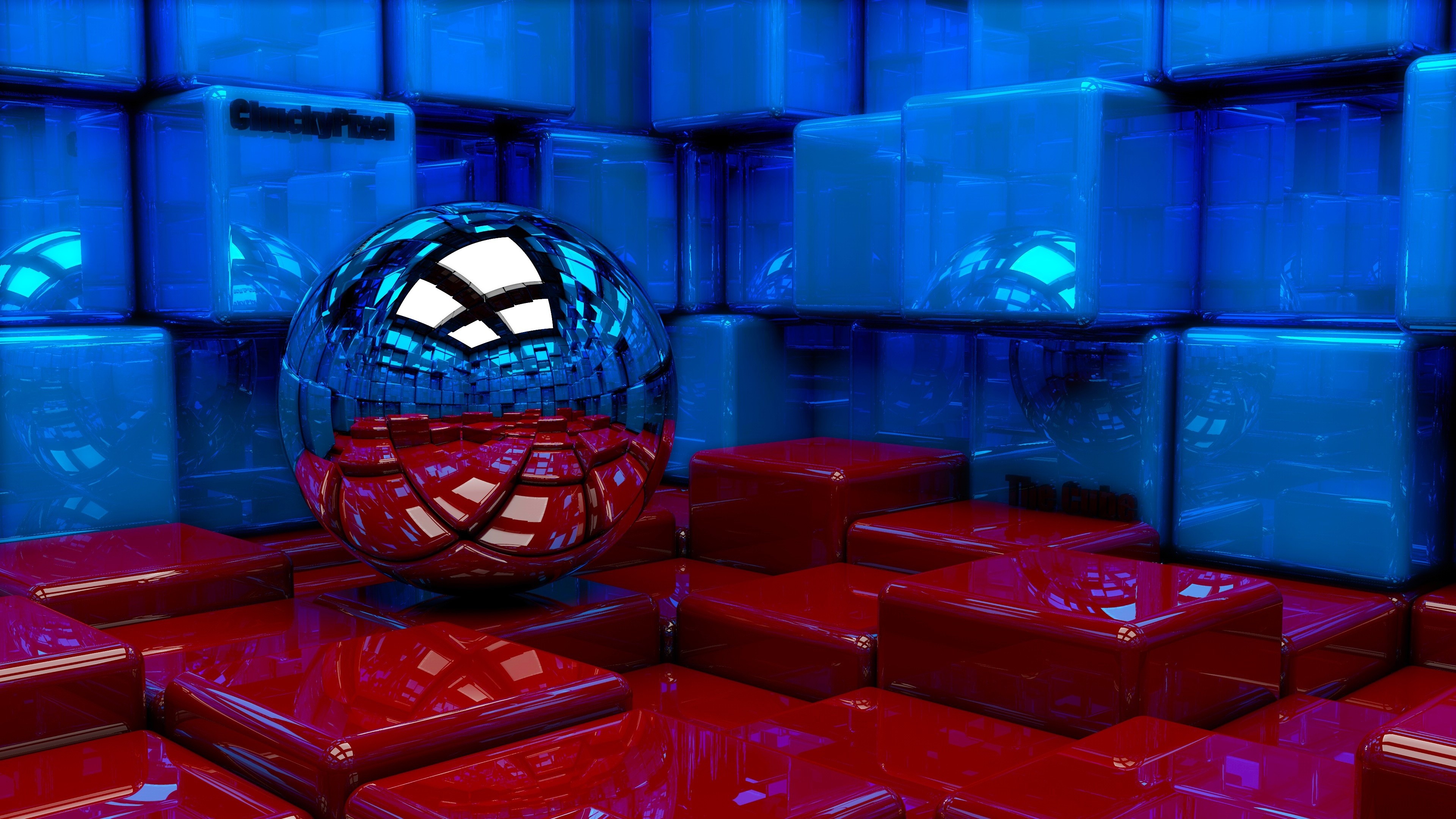 Preview Wallpaper Ball, Cubes, Metal, Blue, Red, Reflection - 3d Wallpaper 4k - HD Wallpaper 