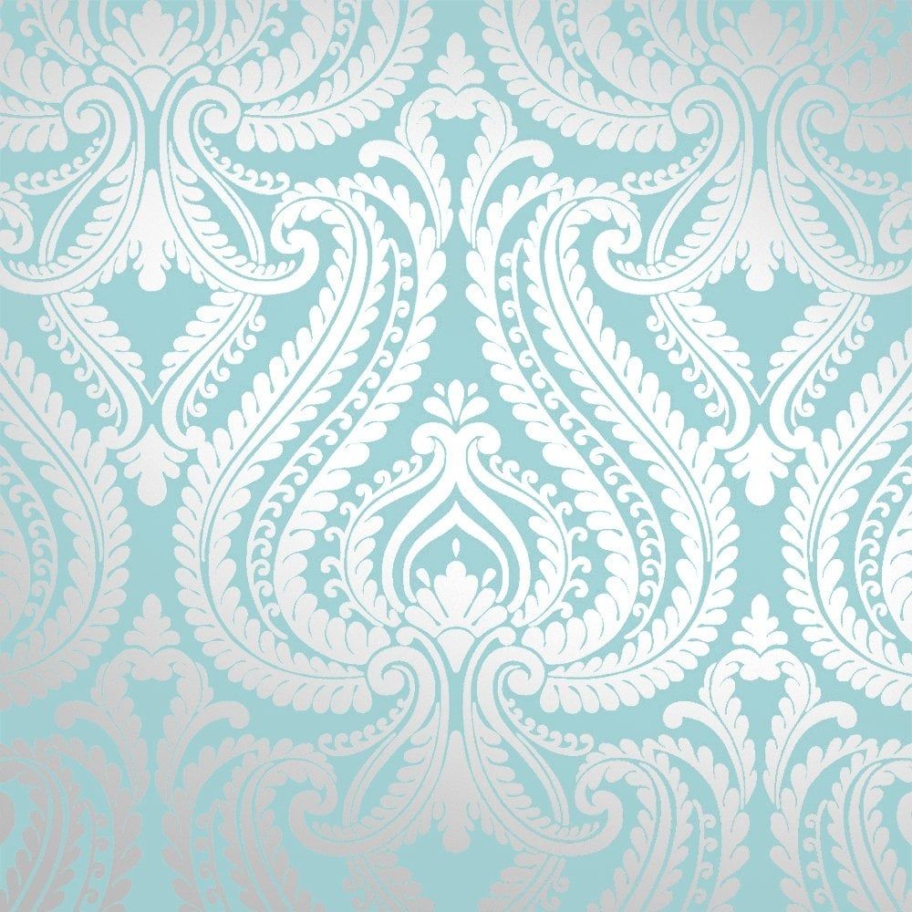 Shimmer Damask Metallic Wallpaper Teal, Silver - Damask Silver And Blue - HD Wallpaper 