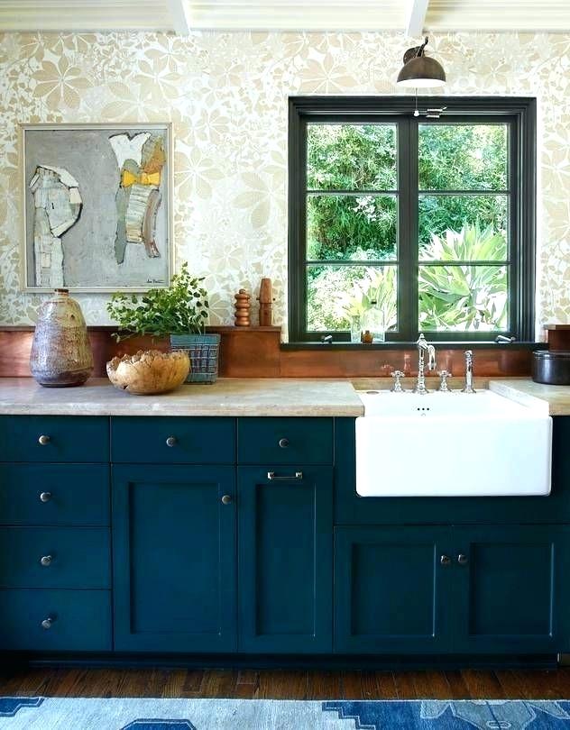 Kitchen Wallpaper Designs Wallpaper For Kitchens Kitchen - Copper Backsplash Blue Cabinets - HD Wallpaper 