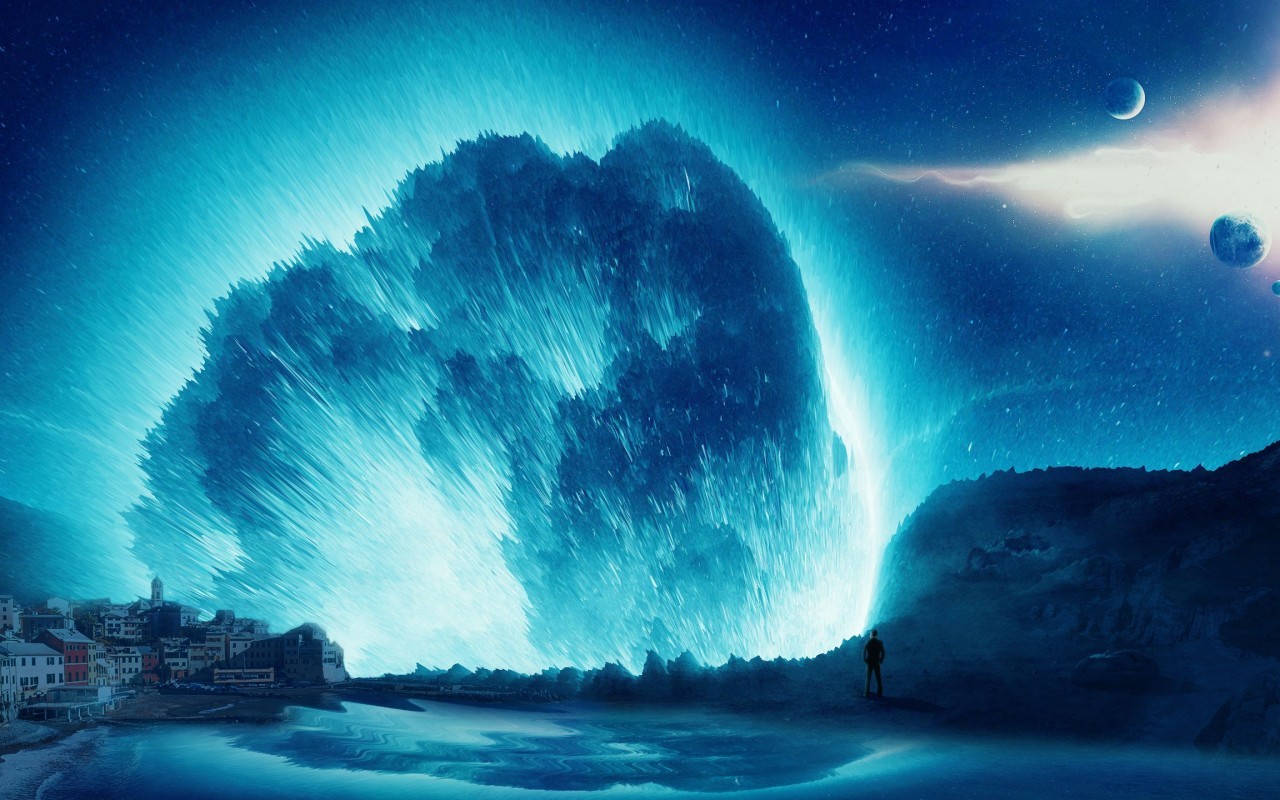 Surrealism, Man, Alone, Splash, Village, Night, Planets - HD Wallpaper 