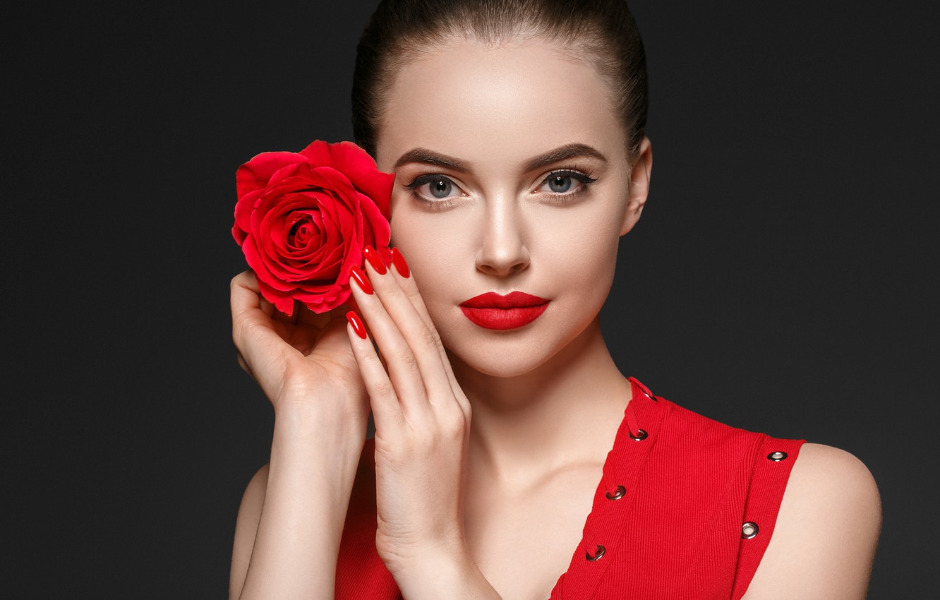 Photo Wallpaper Flower, Girl, Face, Rose, Portrait, - Rose And Girl Model Juicy Lips Photoshoot - HD Wallpaper 