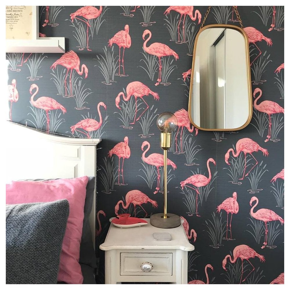 Grey Wallpaper Flamingos - HD Wallpaper 