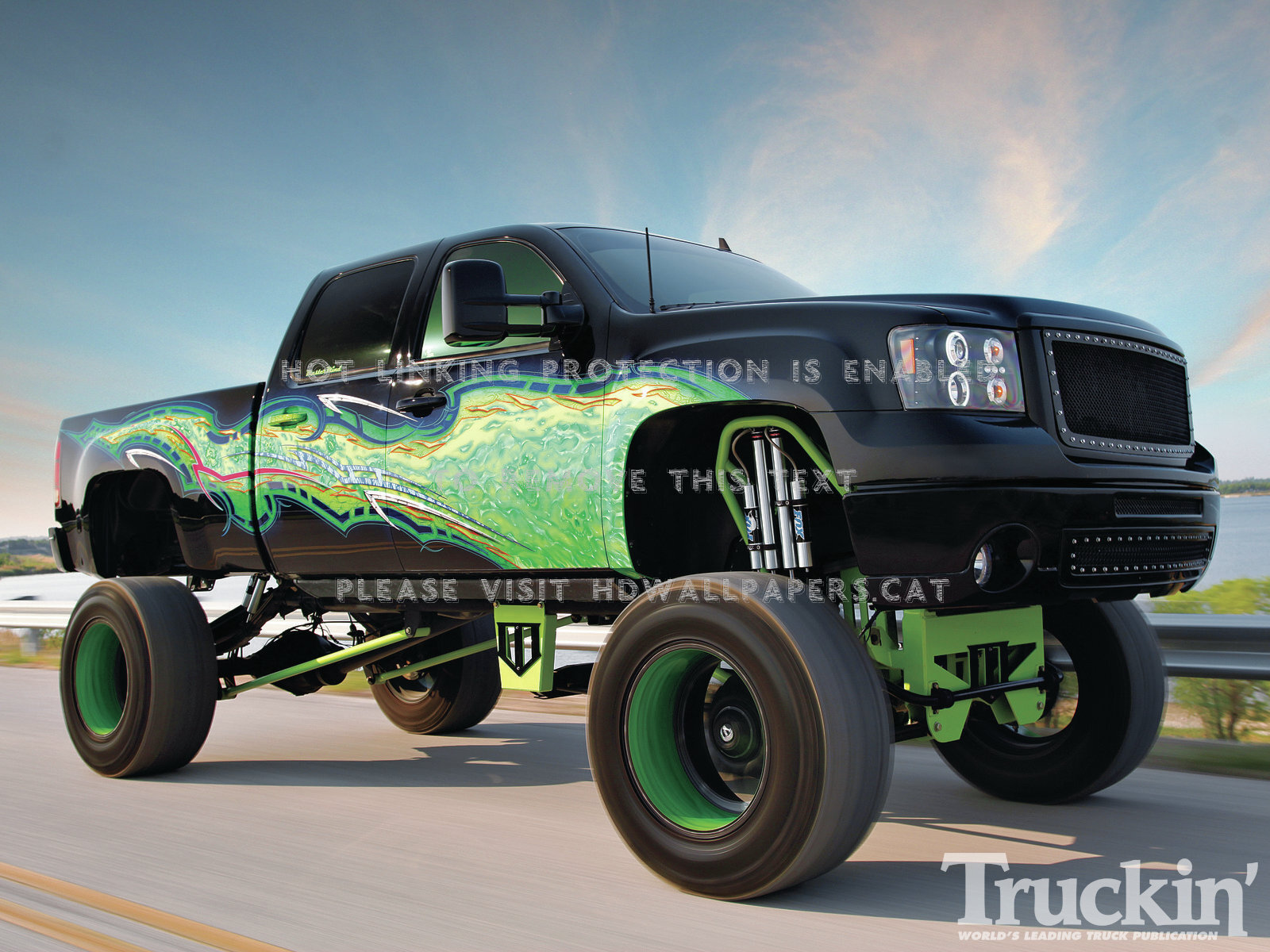 Envy Lifted Truck Black Green Flame Cars Gmc - Black And Green Truck - HD Wallpaper 