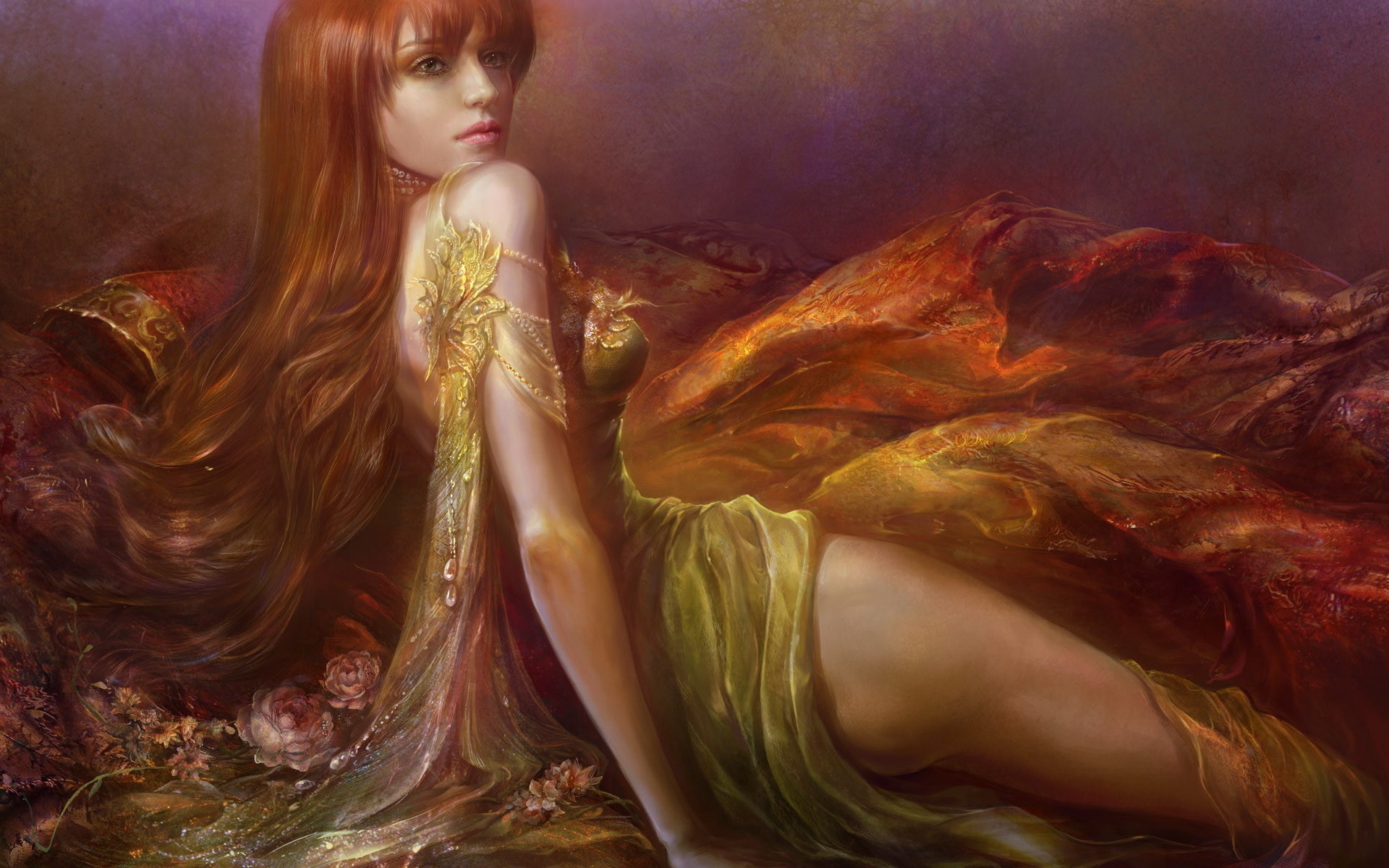 Beautiful, Drawing, Red, Flower, Girl, Hair, Sweet, - Fantasy Long Hair Woman - HD Wallpaper 