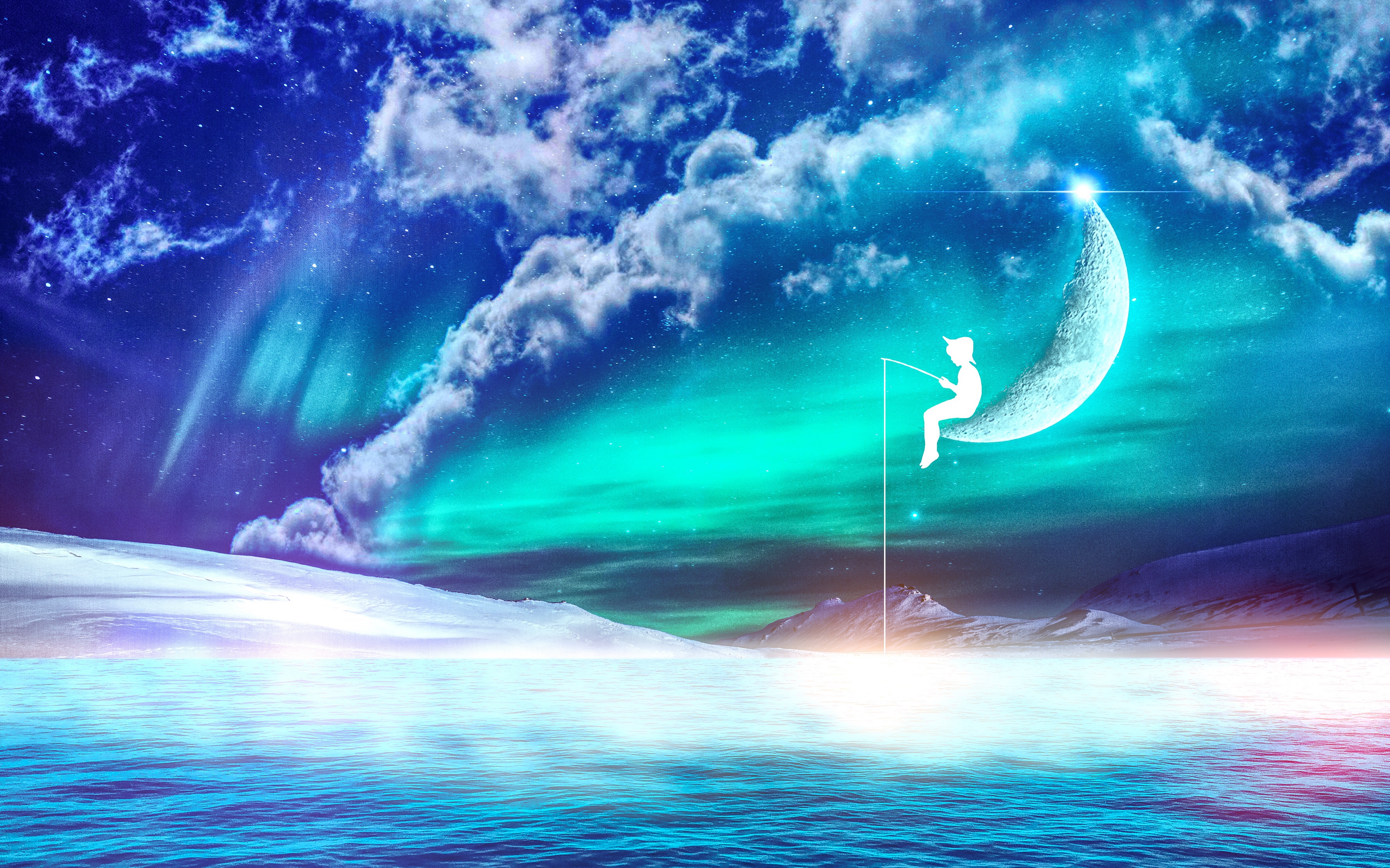 Wallpaper Fisherman, Moon, Fantasy, Photoshop, Silhouette - Gambar Wallpaper Moon Fantasy - HD Wallpaper 
