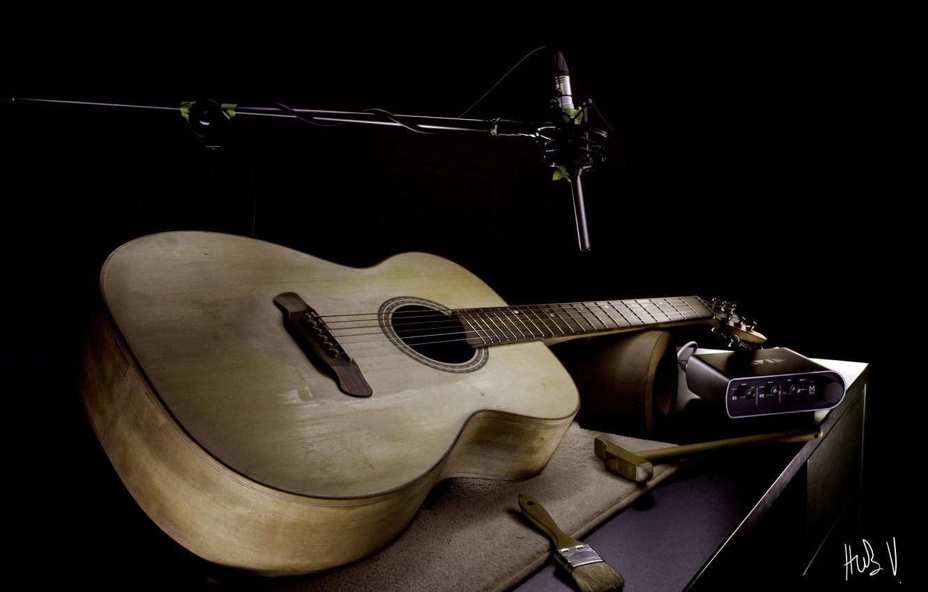 Photo Wallpaper Music, Guitar, Microphone - Гитара Микрофон - HD Wallpaper 