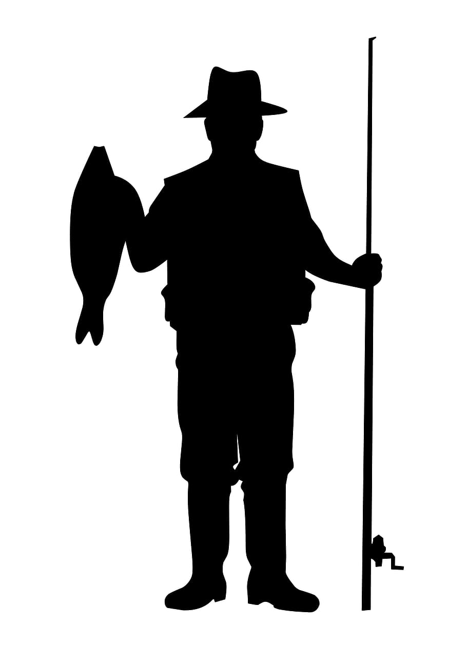 Black Silhouette On White Background Of Fisherman Holding - Fisherman Silhouette - HD Wallpaper 