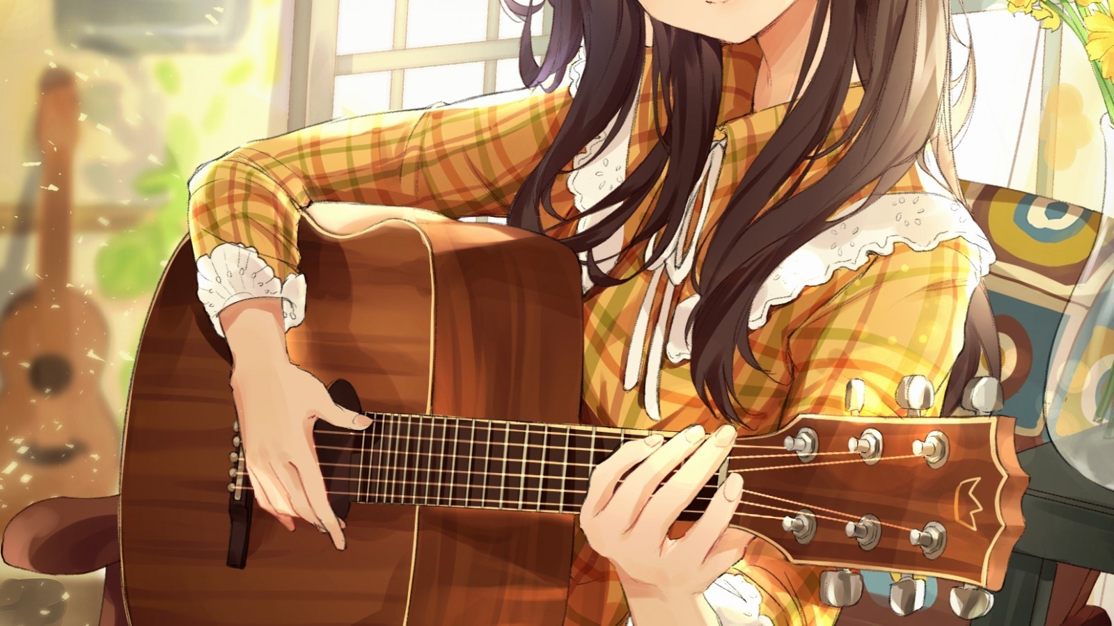 Anime Girl, Playing Guitar, Instrument, Music, Cute, - Anime Girl Playing Guitar - HD Wallpaper 