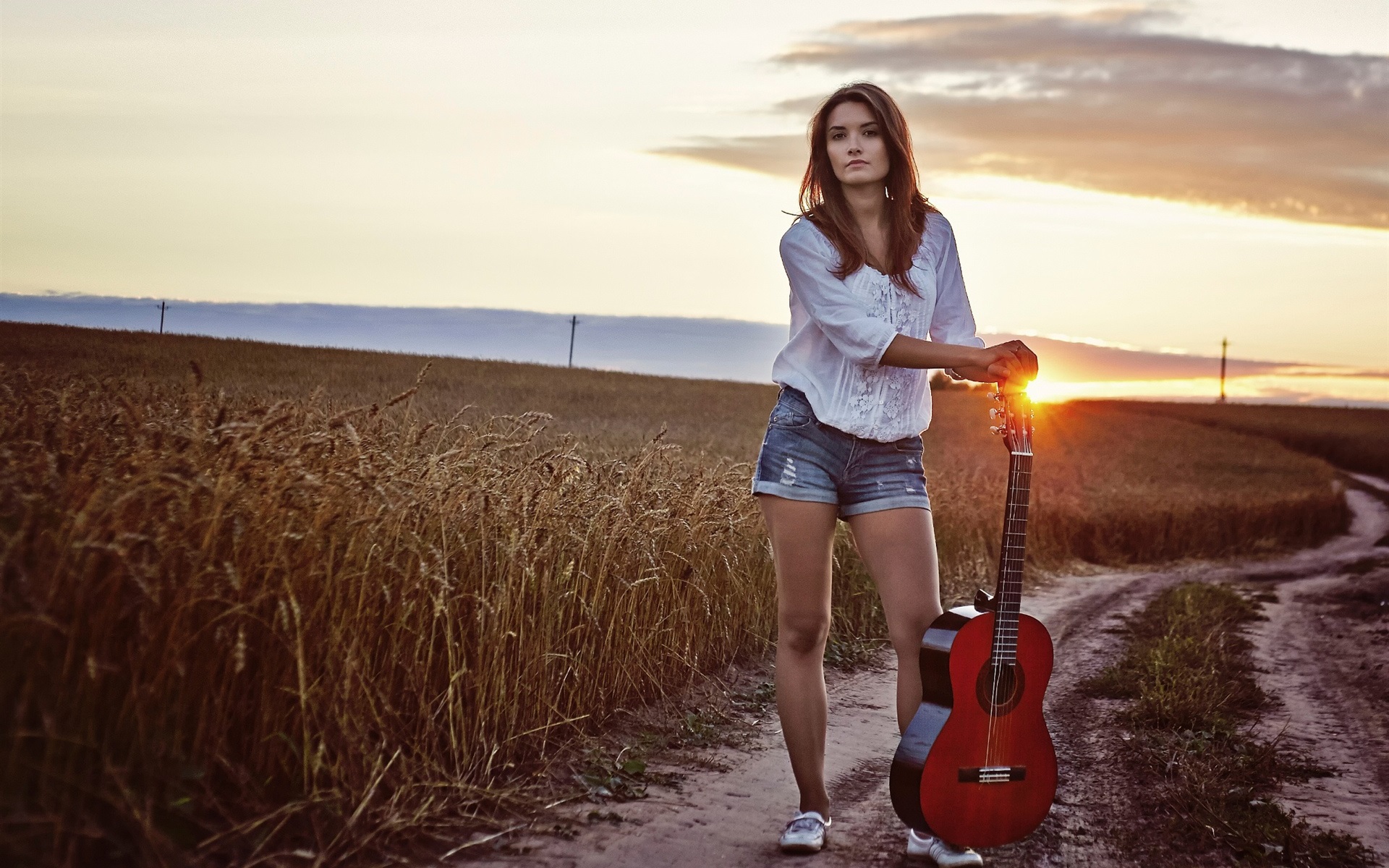 Wallpaper Long Hair Girl, Guitar, Sunset, Fields - Girl With Guitar Background - HD Wallpaper 