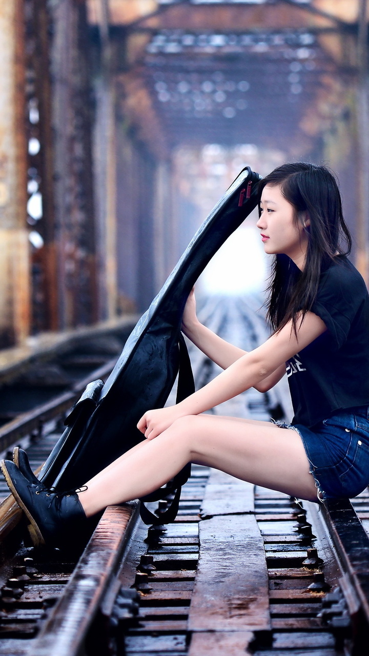 Music, Railway, Asian, Bridge, Guitar, Girl Photo - Women Fantasy Wallpaper Id - HD Wallpaper 