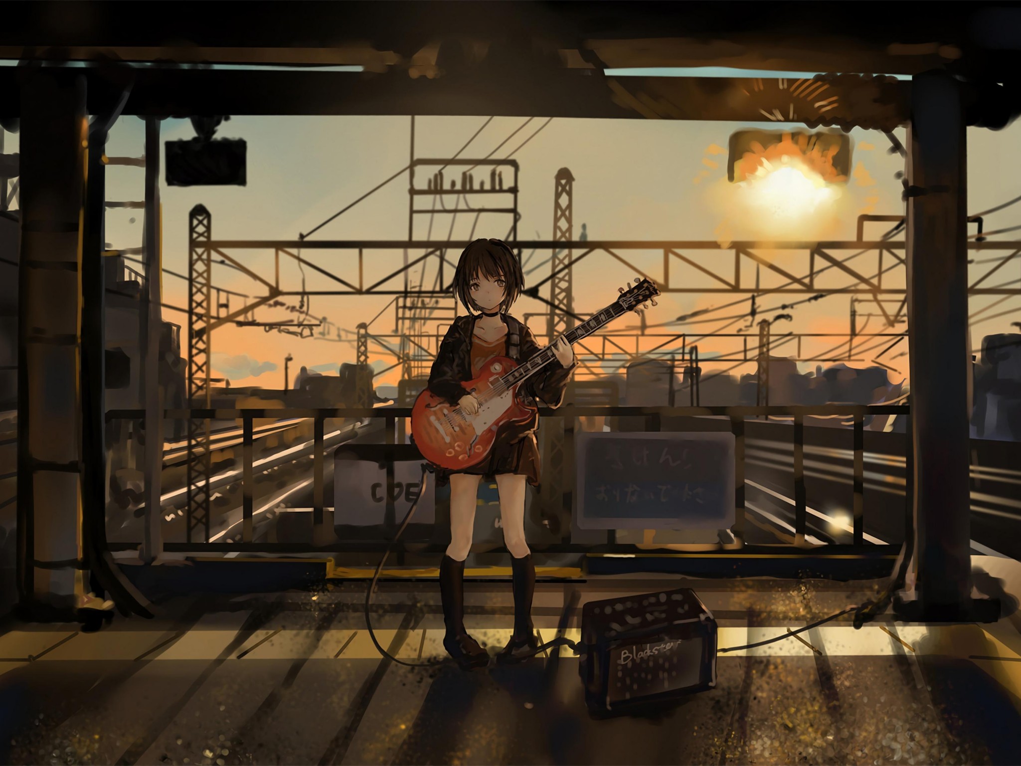 Anime Girl With Guitar Art - HD Wallpaper 