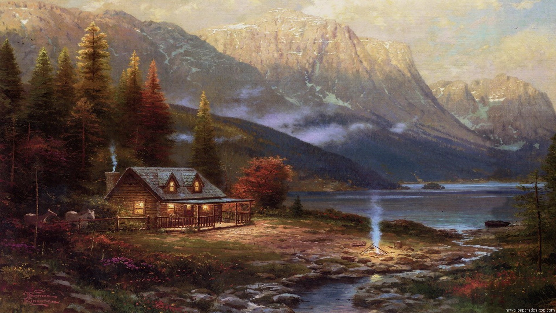 Christmas Lodge By Thomas Kinkade Hd Desktop Wallpaper - Thomas Kinkade