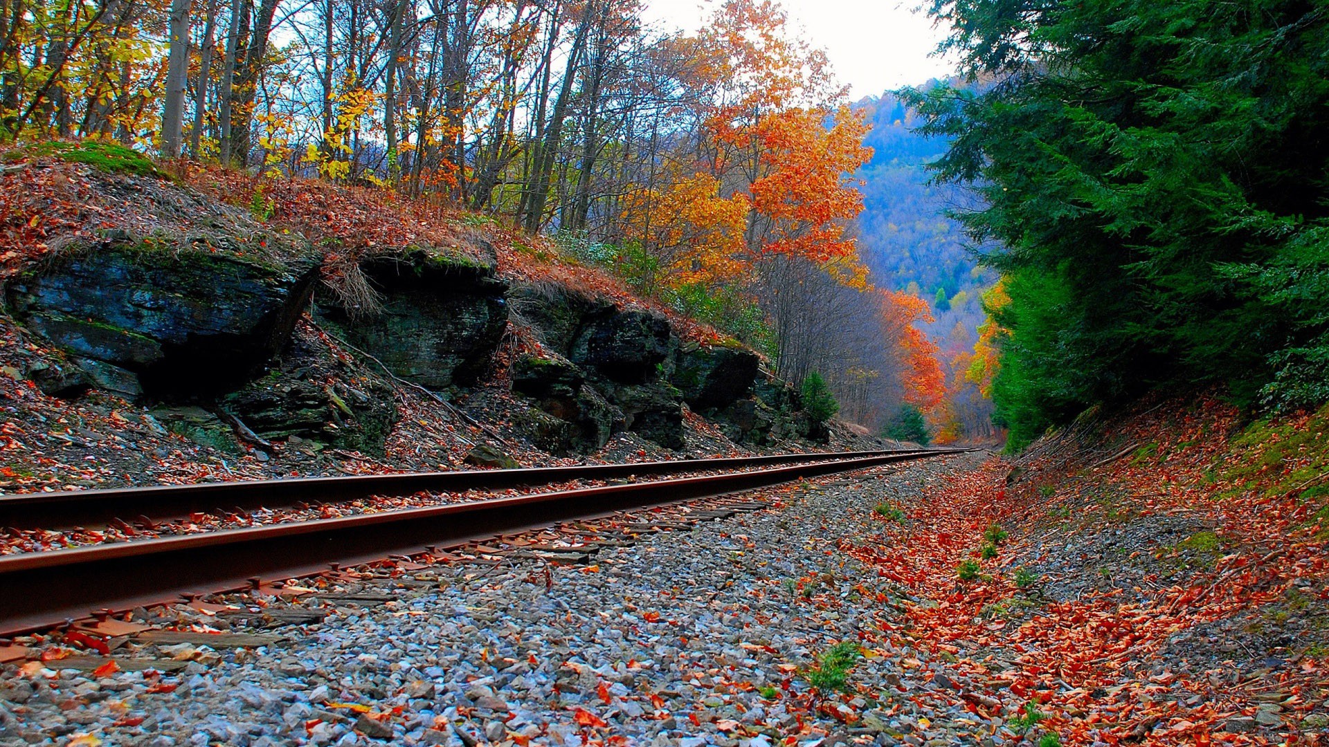 Railroad In Autumn - Autumn Train - HD Wallpaper 