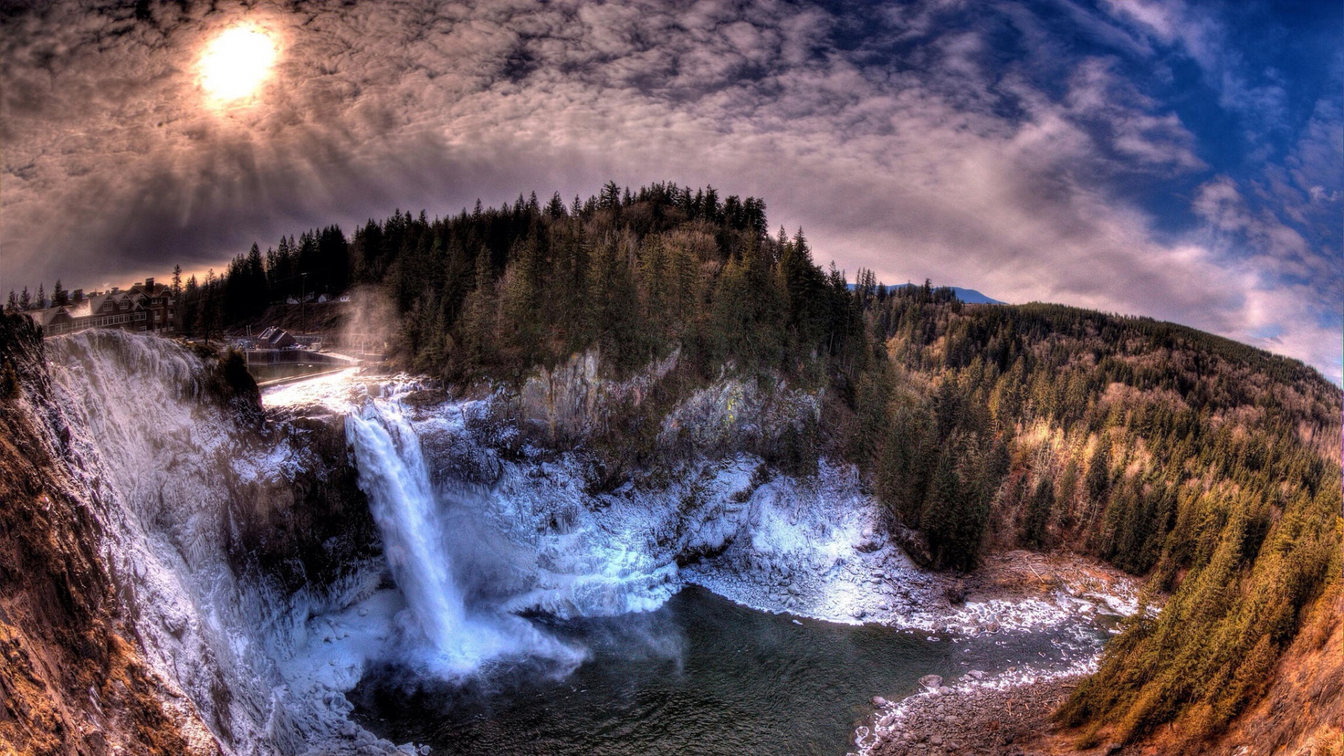 Wallpaper Waterfall Mainly Cloudy Fir-tree Forest Landscape - Snoqualmie Falls - HD Wallpaper 