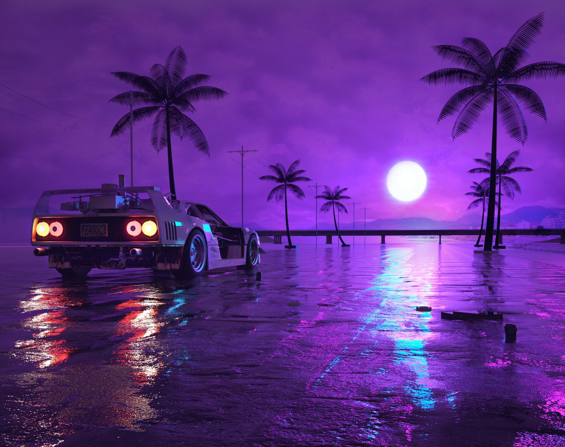 Wallpaper Of Car, Digital Art, Moon, Night, Purple, - Retro Wave Car Background - HD Wallpaper 