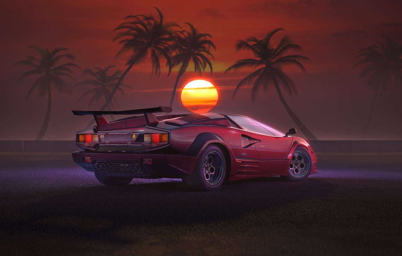 Photo Wallpaper Sunset, The Sun, Auto, Music, Lamborghini, - Lamborghini Countach Retro - HD Wallpaper 