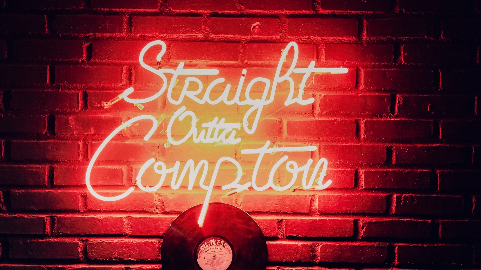 Wallpaper Inscription, Wall, Neon, Vinyl Record, Shelves - HD Wallpaper 