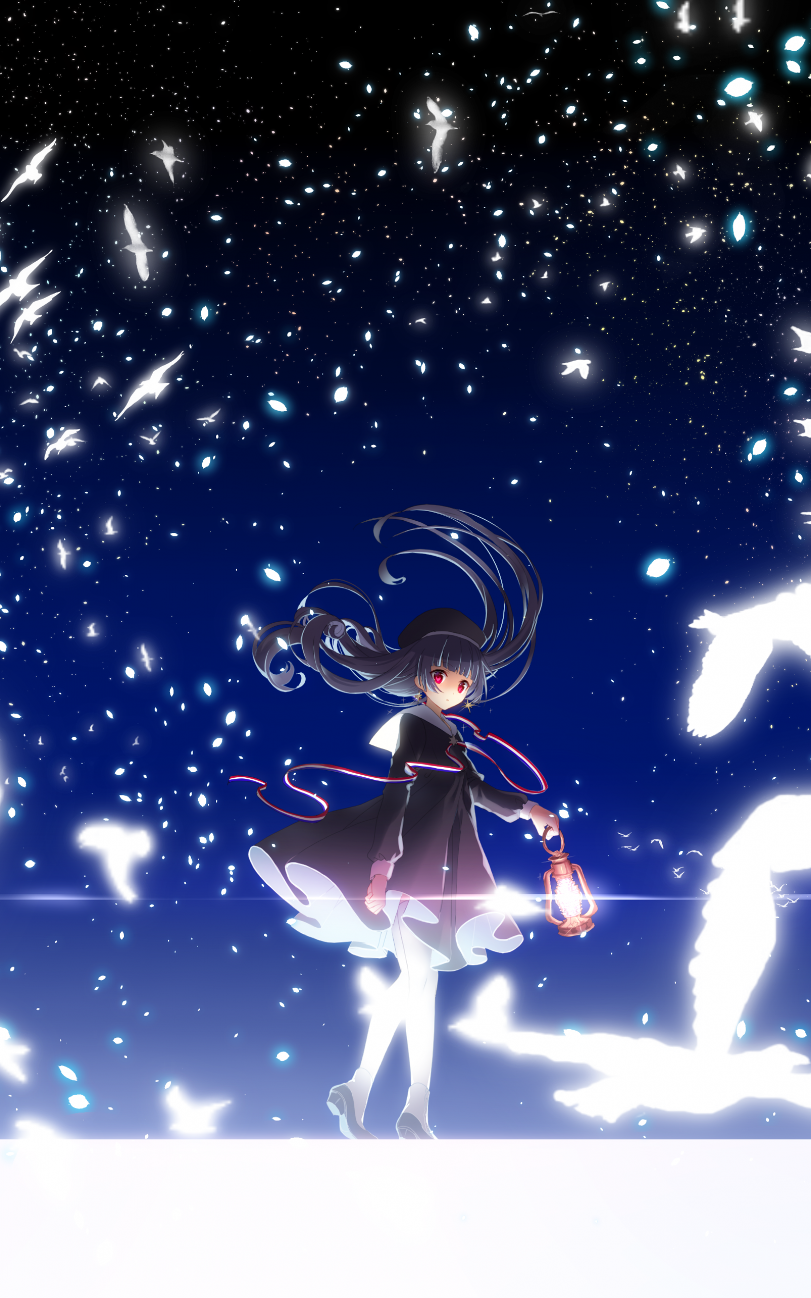 Anime Girl, Birds, Magic, Particles, Long Hair, Lantern - HD Wallpaper 