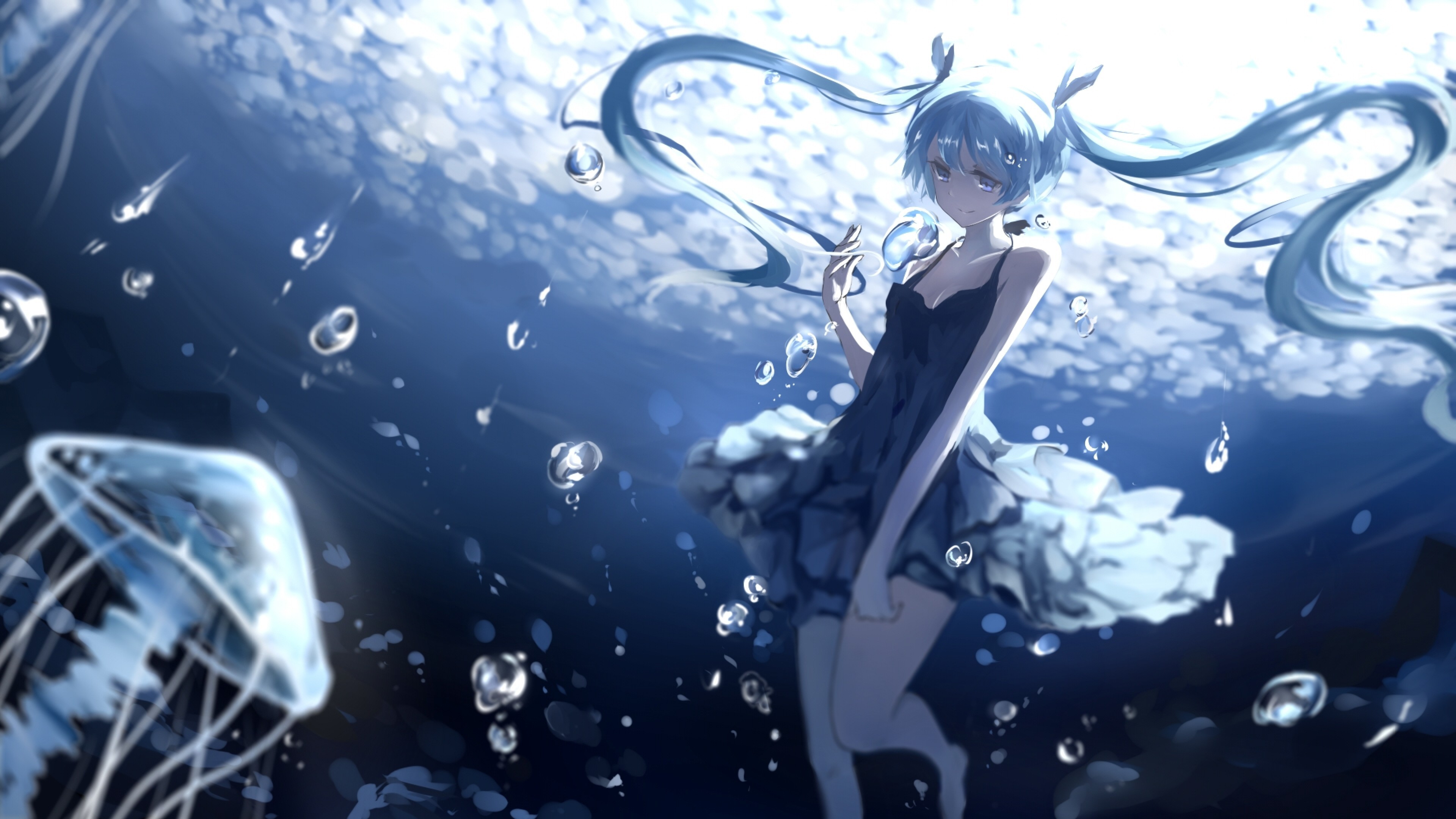 Hatsune Miku, Underwater, Smiling, Water Bubbles, Twintails, - Hatsune Miku Wallpaper Water - HD Wallpaper 