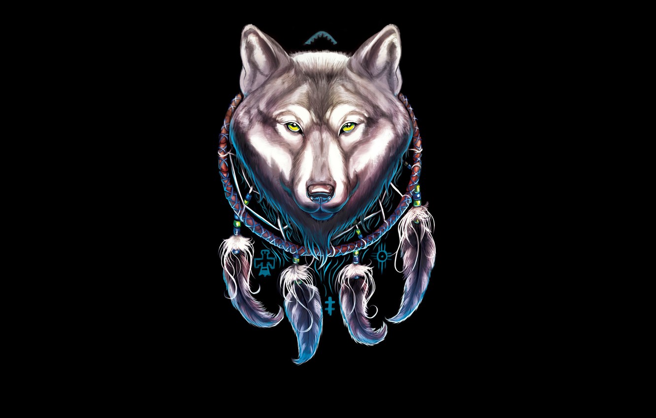 Photo Wallpaper The Dark Background, Wolf, Wolf, Dreamcatcher, - Dreamcatcher Wolf - HD Wallpaper 