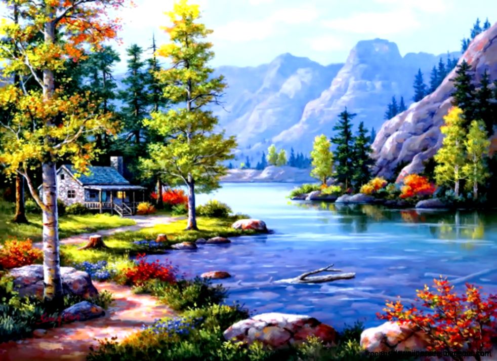 Mountain Cabin Scenery Wallpaper Free Best Hd Wallpapers - Painting Mountain Cabin In The Woods - HD Wallpaper 