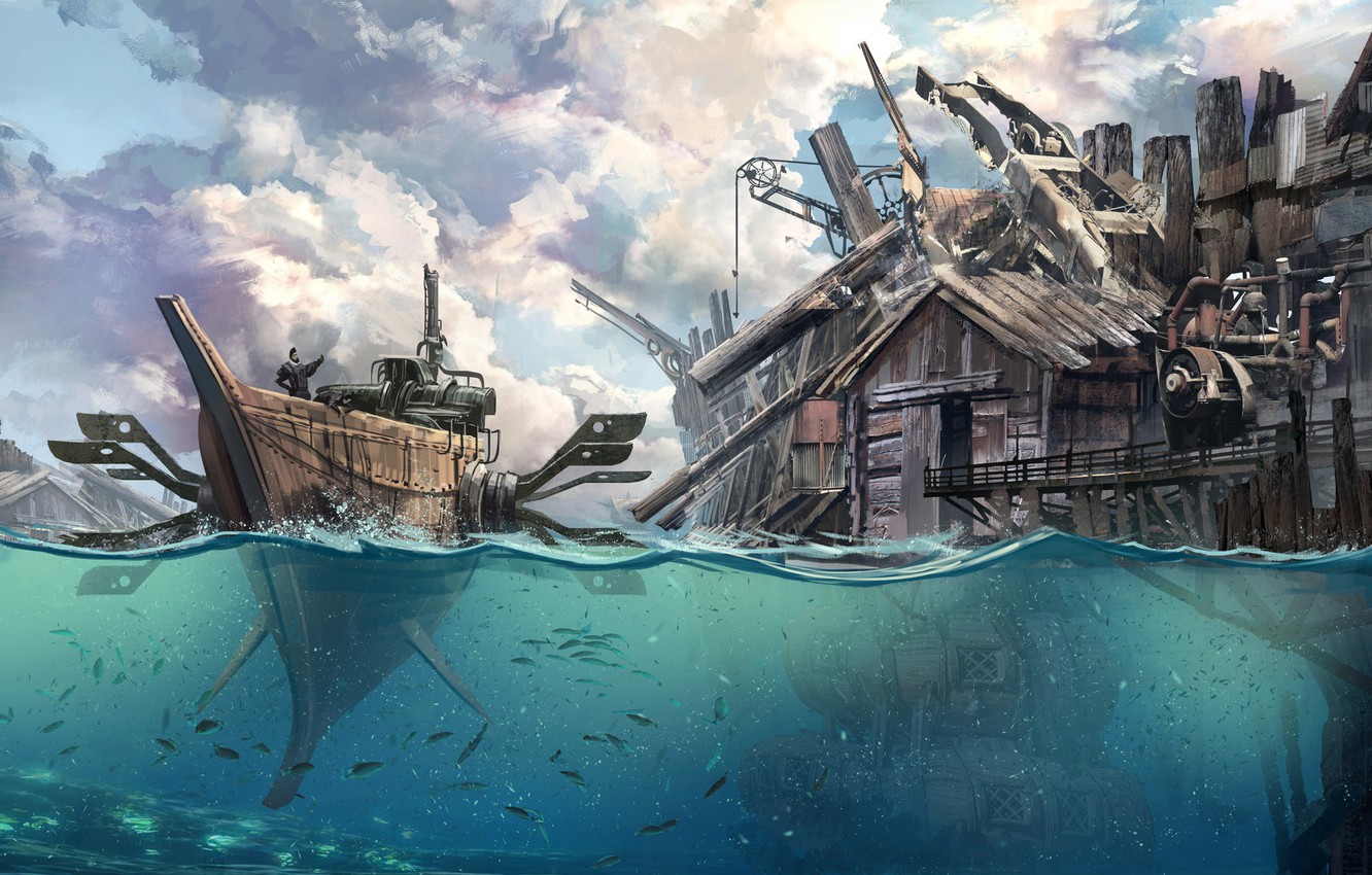 Photo Wallpaper Water, Sea, Figure, The City, Boat, - Underwater Ruins Fantasy Art - HD Wallpaper 