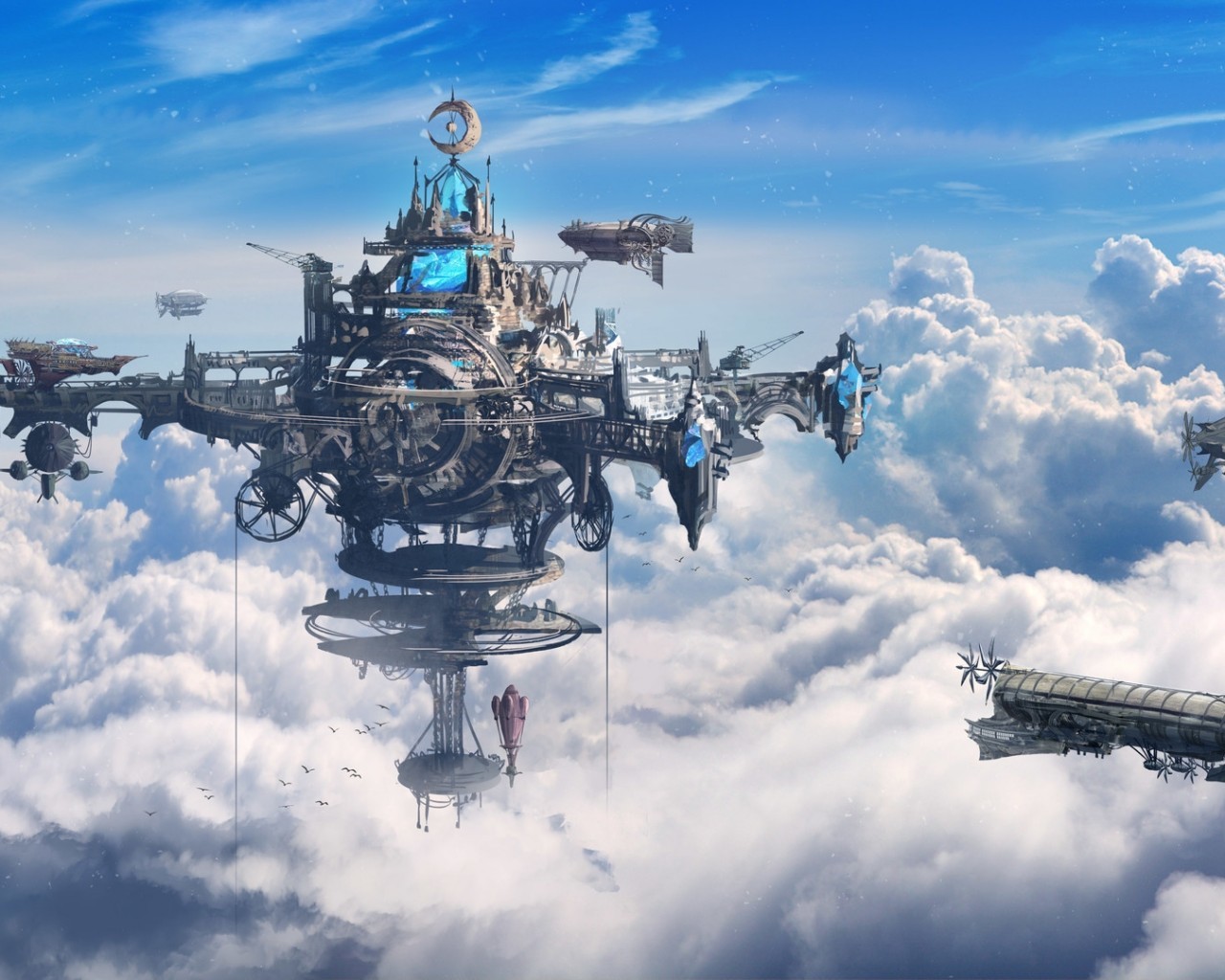 Steampunk, Ships, Clouds, Sky City - HD Wallpaper 