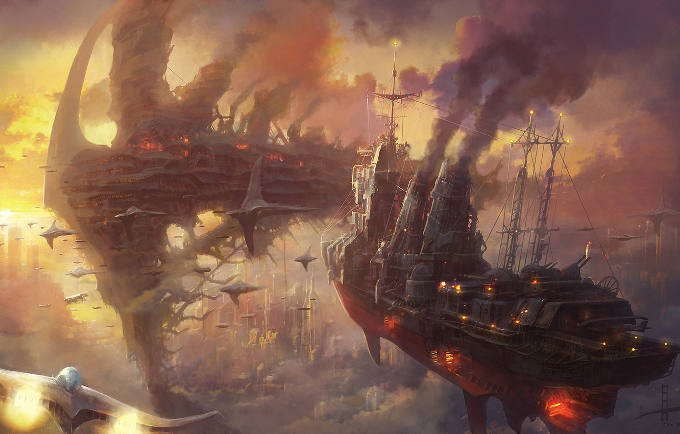Photo Wallpaper Clouds, Sunset, The City, Smoke, Ships, - Sci Fi Fantasy Ships - HD Wallpaper 