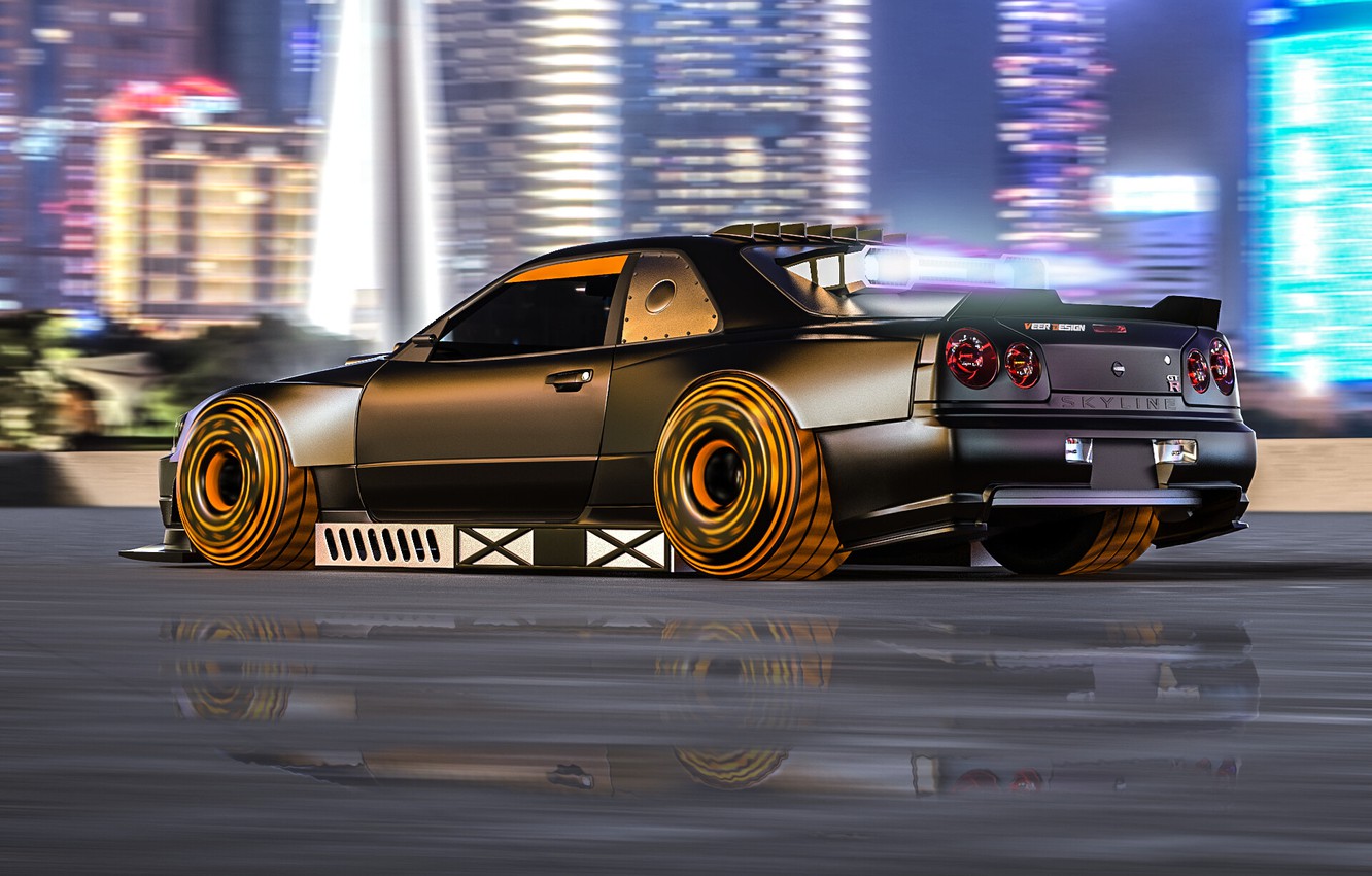 Photo Wallpaper Auto, Machine, Tuning, Style, Car, - Nissan Skyline Gtr R34 Cyberpunk - HD Wallpaper 