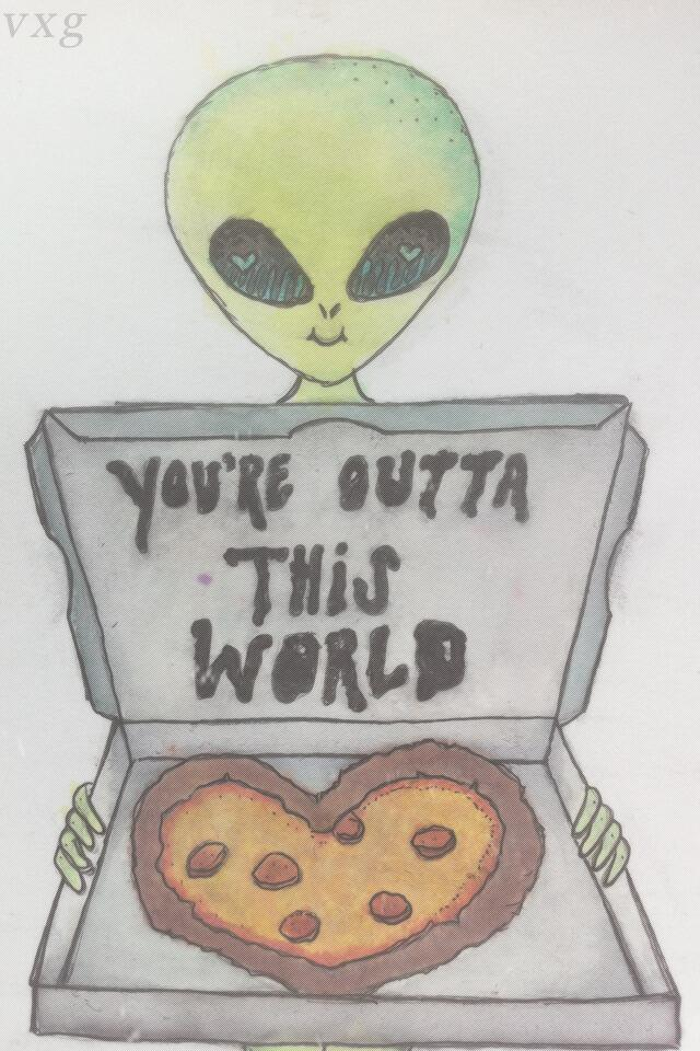 Black And White, Pizza, Tumblr - Cute Little Alien Drawing - HD Wallpaper 