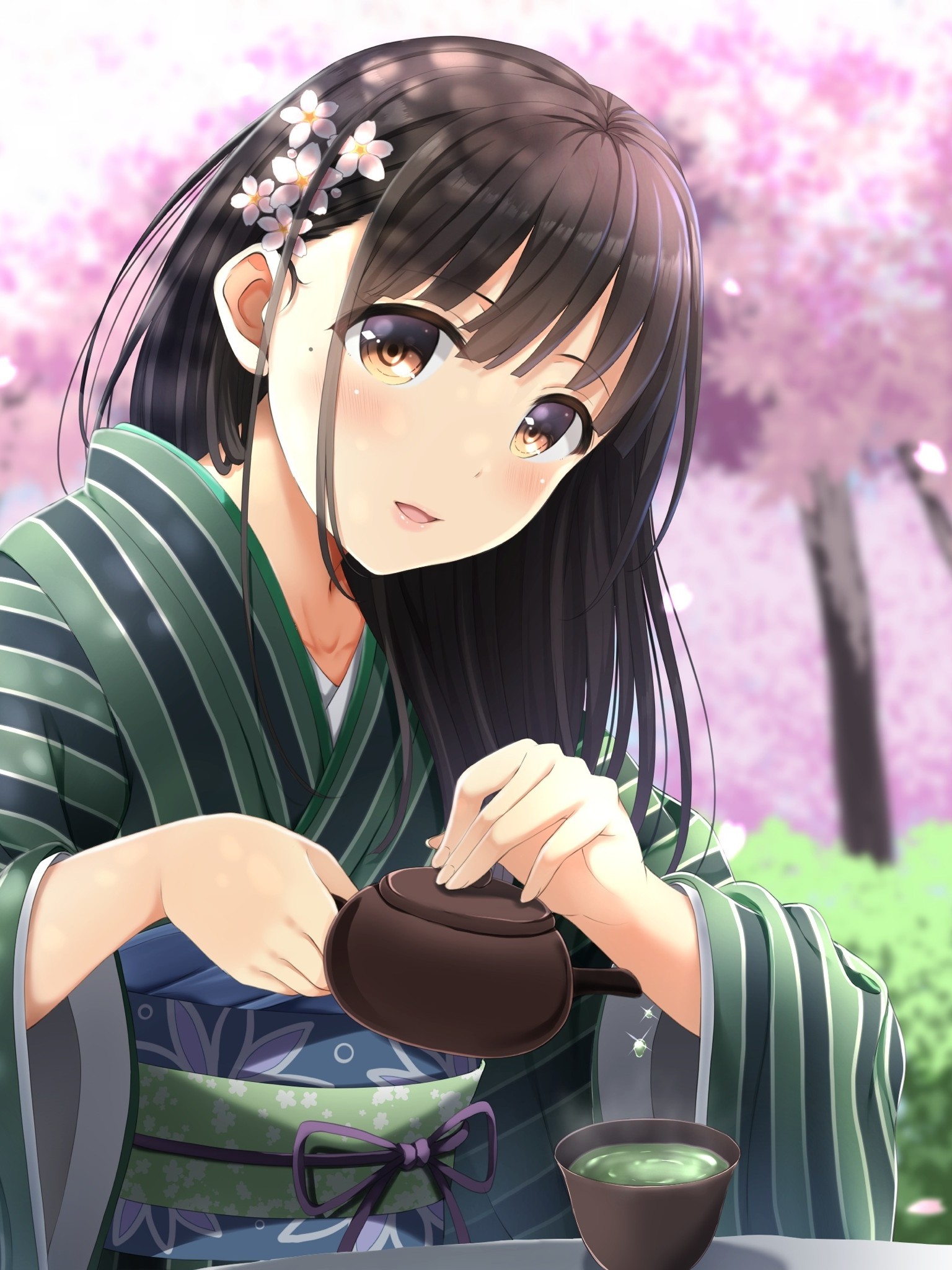Kimono, Sakura Blossom, Anime Girl, Brown Hair, Green - Anime Girl With Tea - HD Wallpaper 