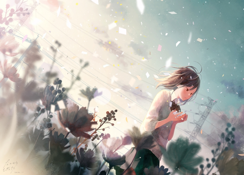 Anime Girl, Wind, School Uniform, Flowers - Anime Girl Wind - HD Wallpaper 