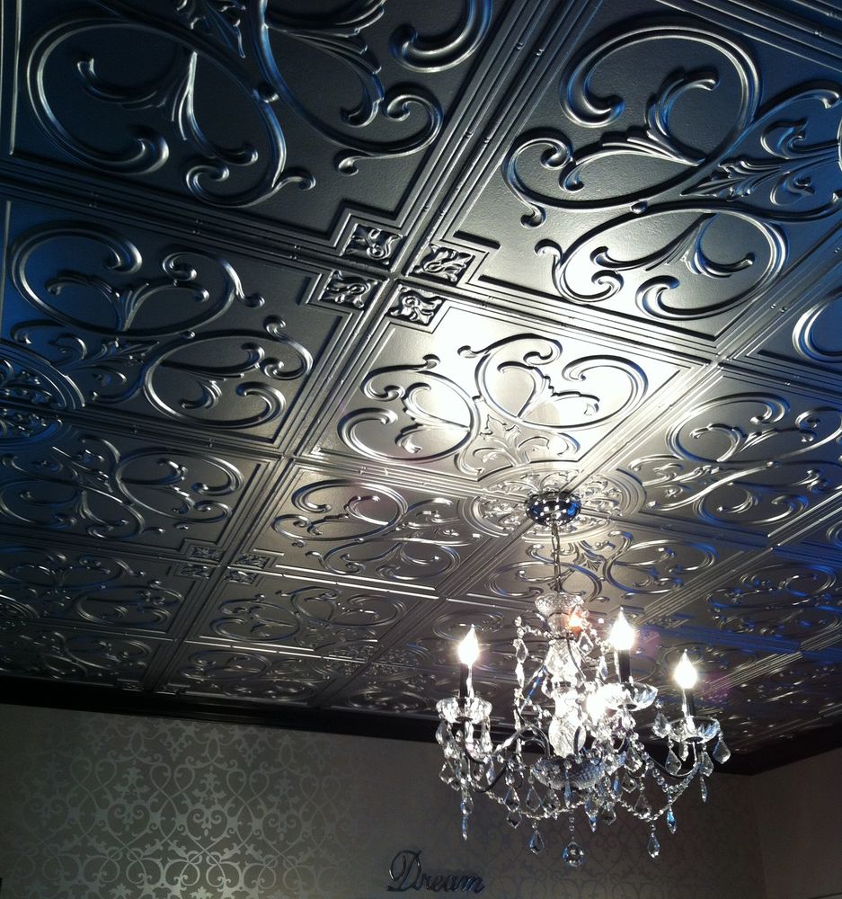 Wonderful Dark Faux Tin Ceiling Tiles With Chic Chandelier - Ceiling - HD Wallpaper 