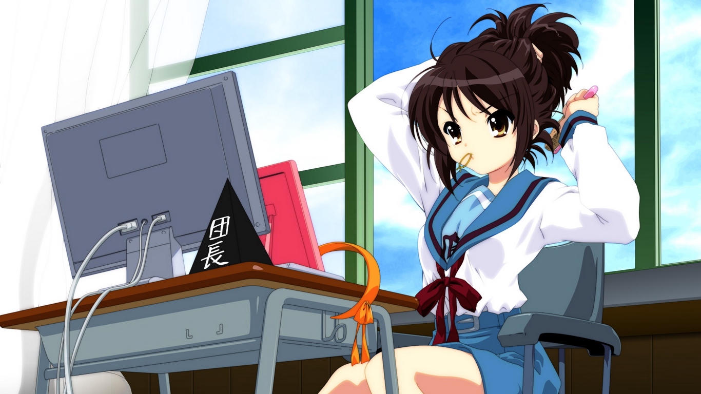 Wallpaper Anime, Computer, Brunette, Hacker, Young, - Haruhi Suzumiya Ponytail - HD Wallpaper 