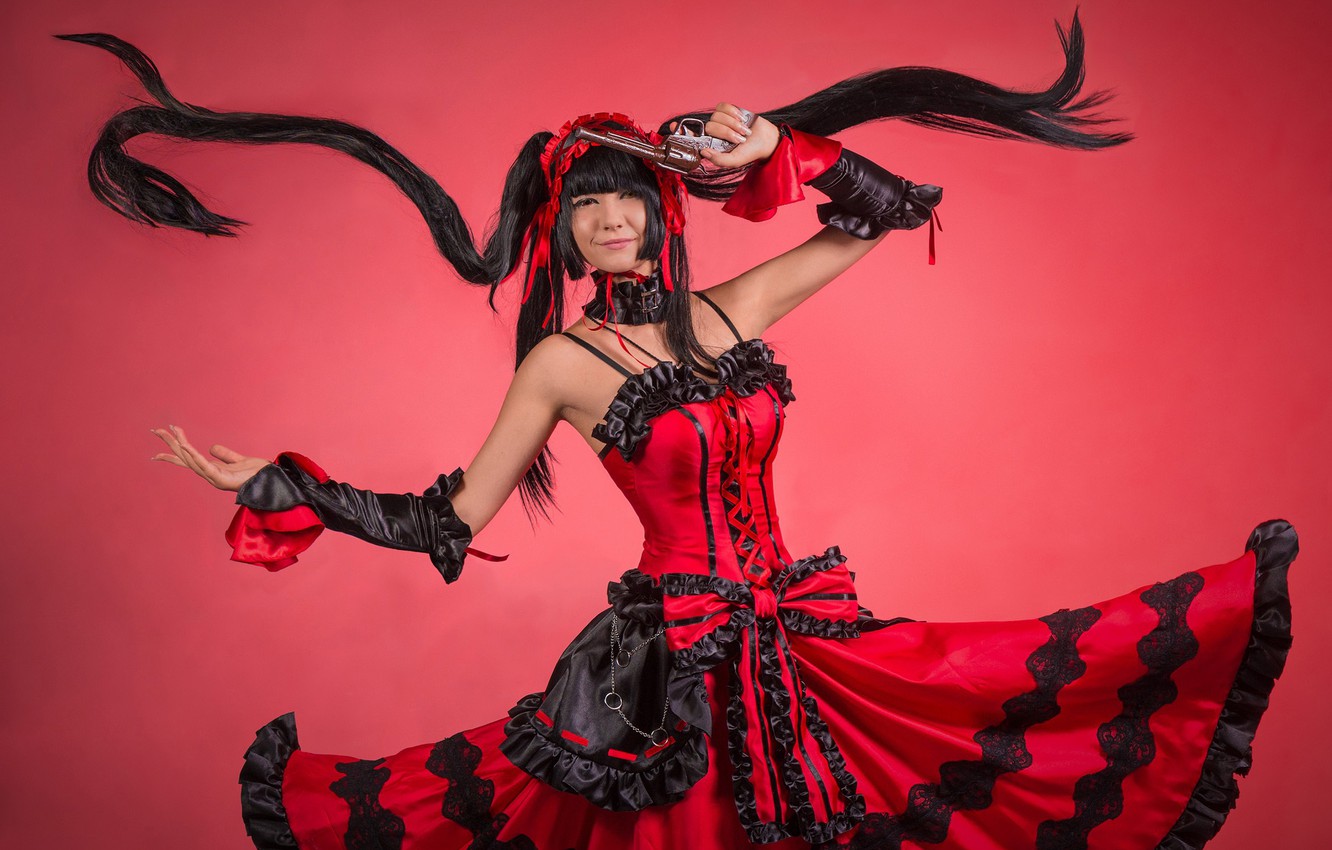 Photo Wallpaper Girl, Weapons, Red Dress, Cosplay, - Kurumi Tokisaki - HD Wallpaper 