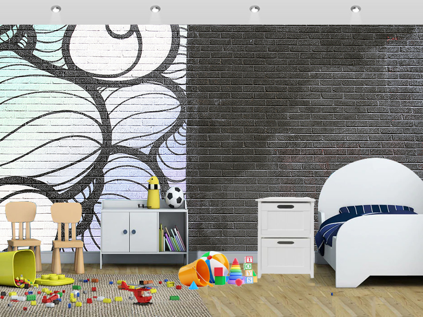 Grey Graffiti Art Classic Brick Wall Mural Kids - Wall Painting Using Paint Brush - HD Wallpaper 