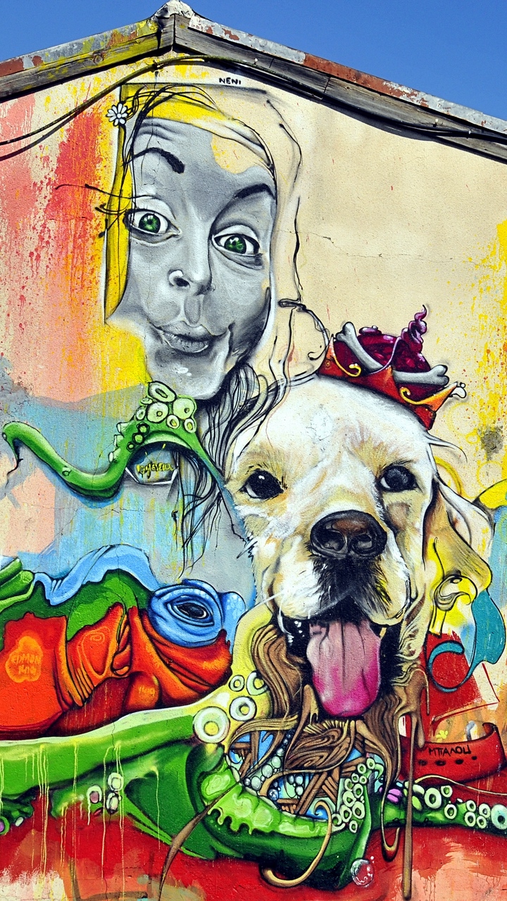 Wallpaper Graffiti, Girl, Dog, Art, Street Art, Bright, - Street Art - HD Wallpaper 