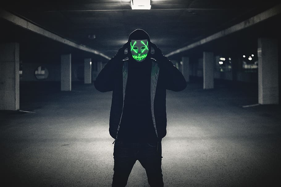 Man Wearing Black Jacket And Red Led Mask, Spooky, - Man Wearing Black And Blue Mask - HD Wallpaper 