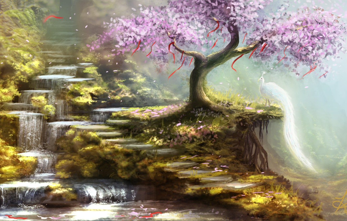 Photo Wallpaper Tape, Tree, Hills, Bird, Waterfall, - Beautiful Magical Anime Garden - HD Wallpaper 