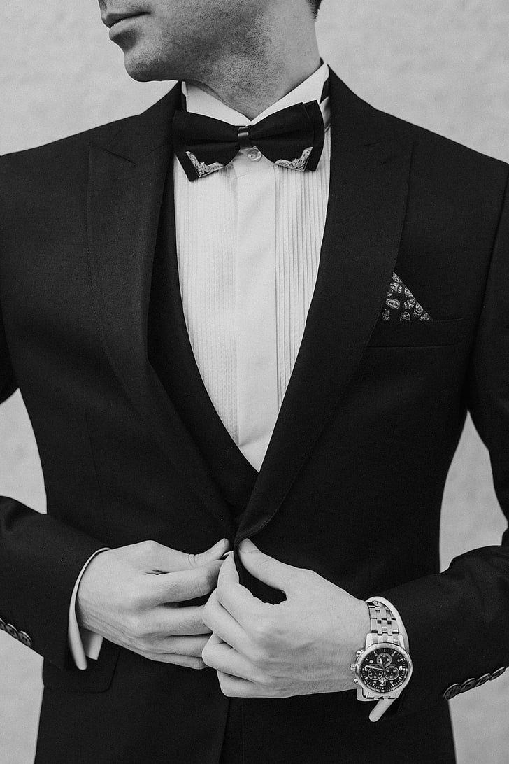 Men S Black Suit Jacket, Man, Tuxedo, Bw, Watch, Groom, - HD Wallpaper 