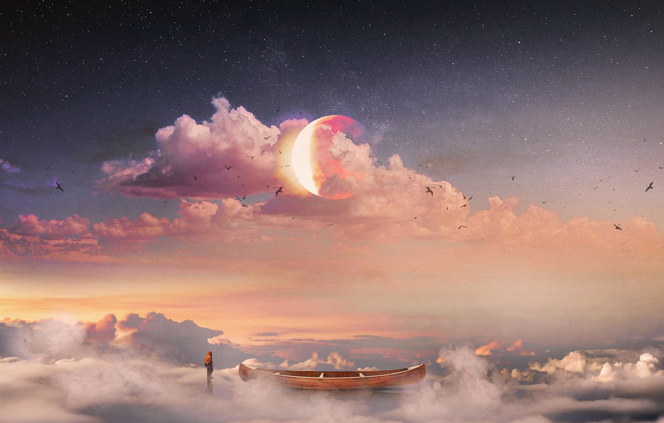 Photo Wallpaper The Sky, Clouds, Stars, The Moon, People, - Surrealism Wallpaper Sky - HD Wallpaper 
