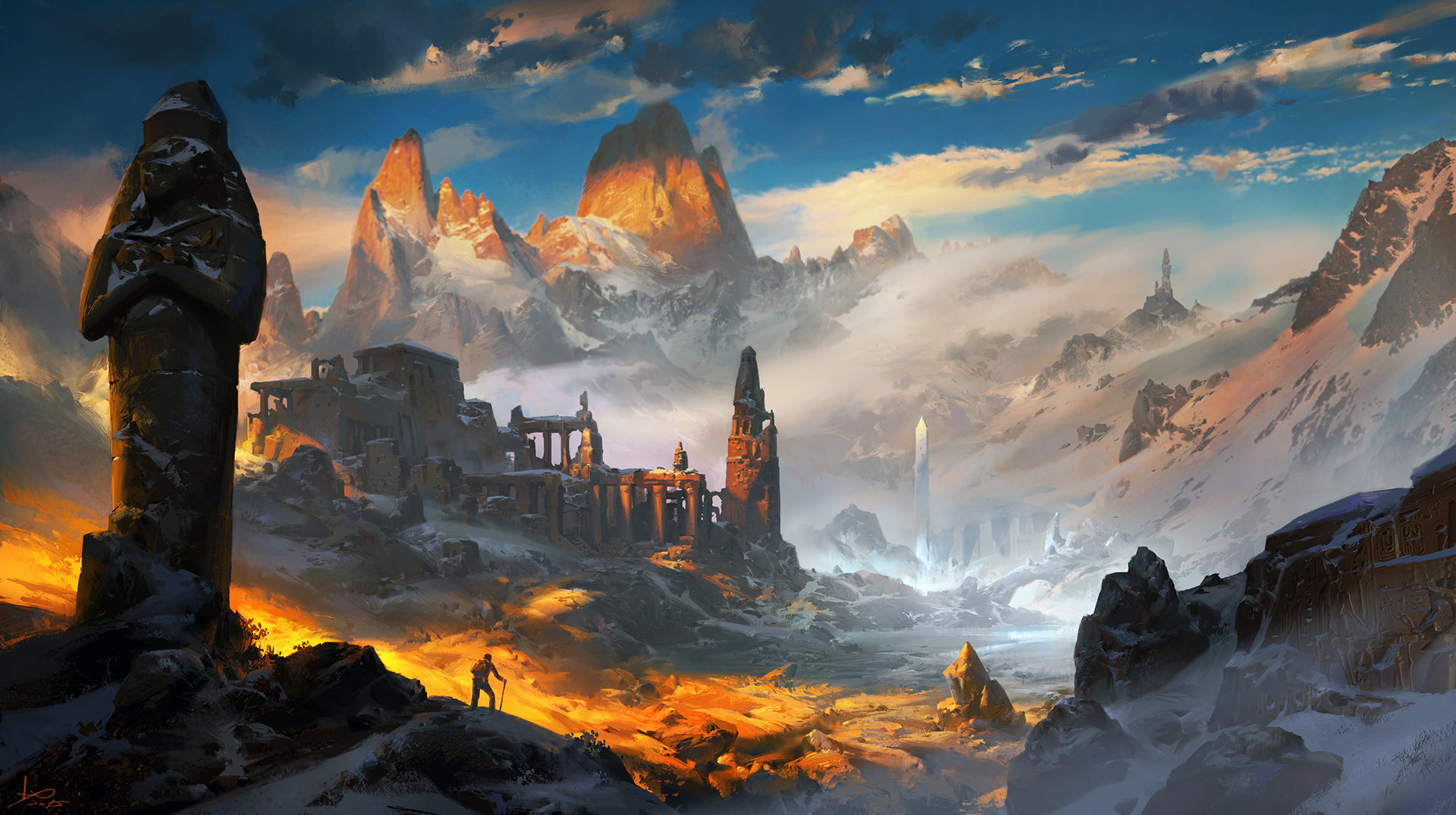 Fantasy Art Mountain Ruins - HD Wallpaper 