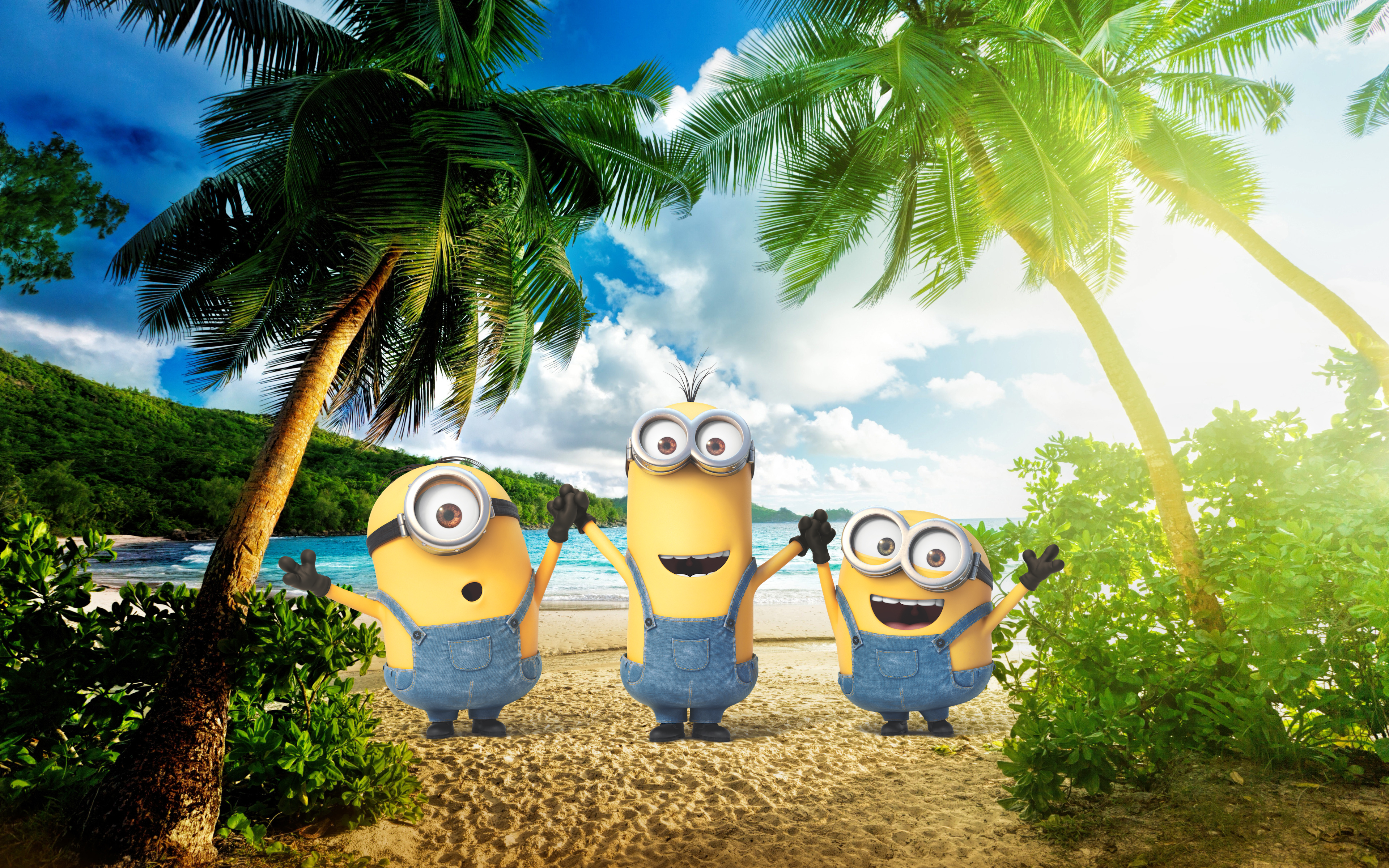 Minions, 4k, Palms, Exotic Beach, Kevin, Stuart, Bob, - Palm Beach - HD Wallpaper 