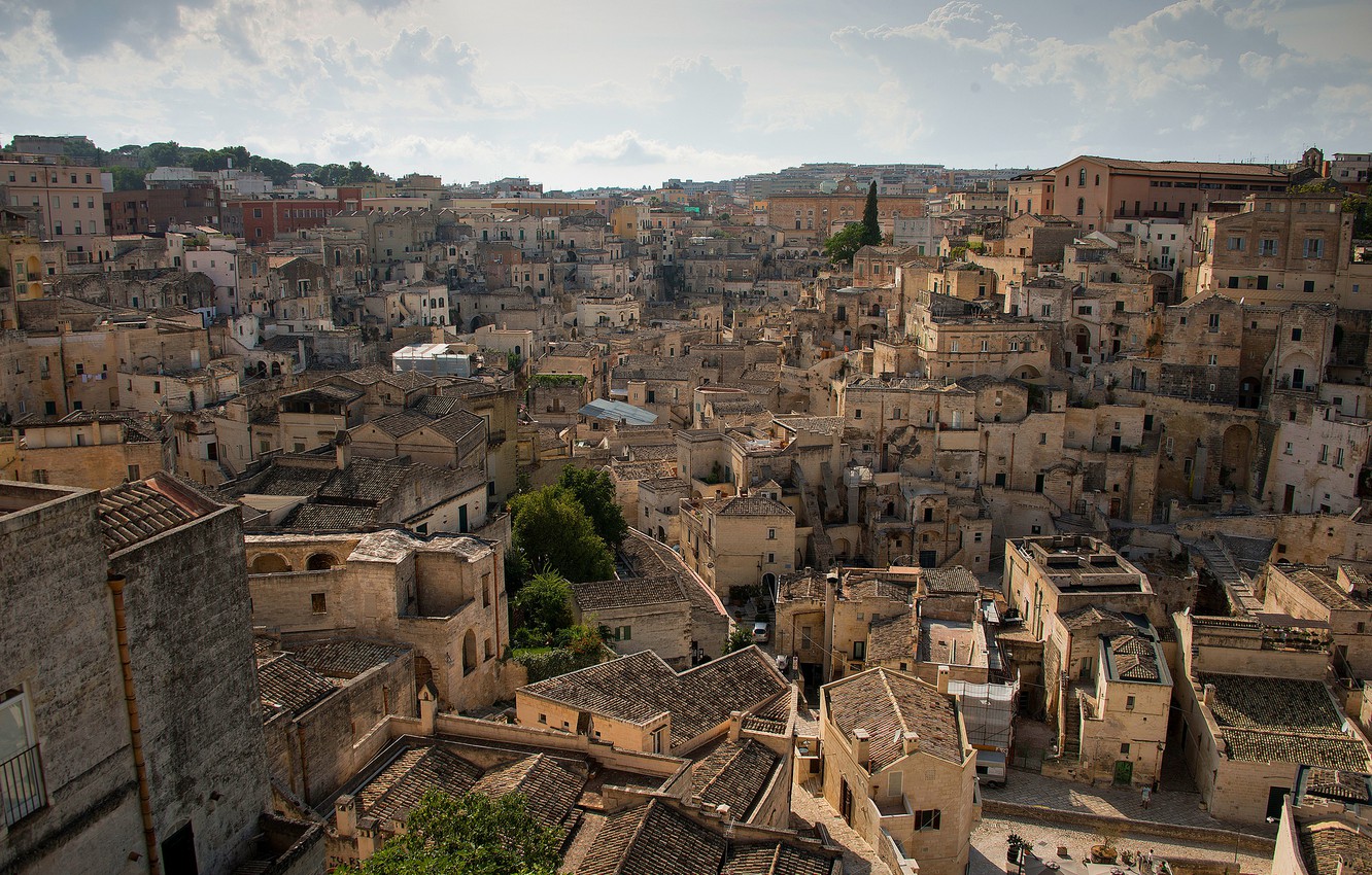 Photo Wallpaper The Sky, The Sun, Clouds, Trees, Home, - Sassi Di Matera - HD Wallpaper 