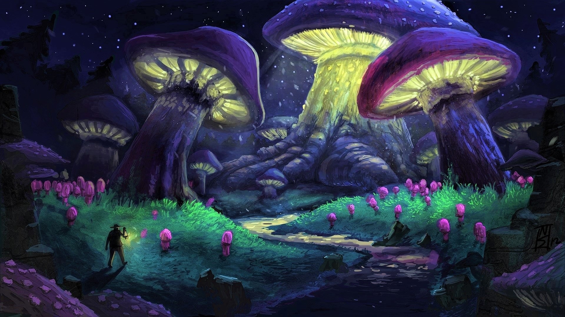 Stunning Wallpapers Id With Enchanted Forest Background - Mushroom Forest Art - HD Wallpaper 