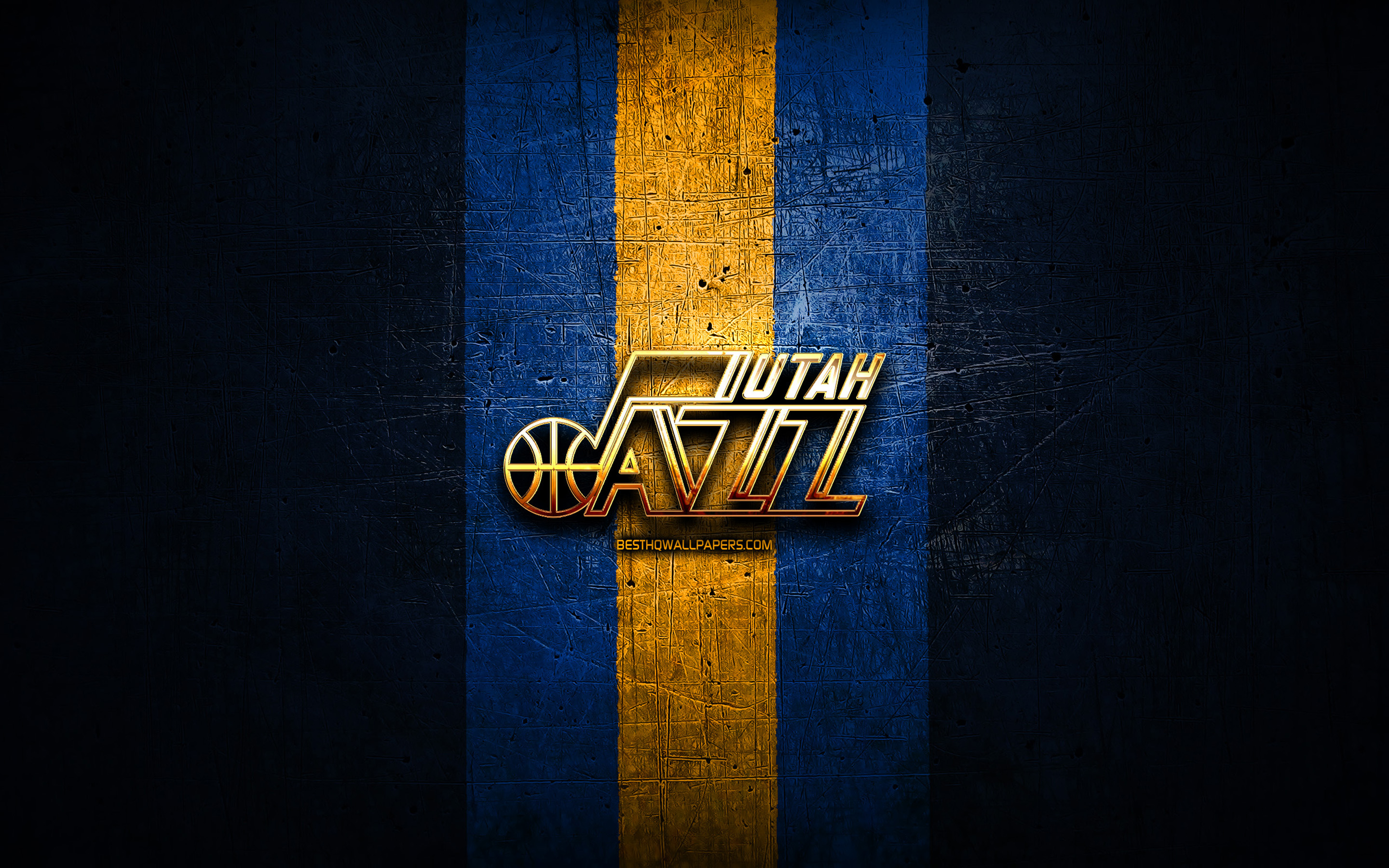 Utah Jazz, Golden Logo, Nba, Blue Metal Background, - Poster - HD Wallpaper 