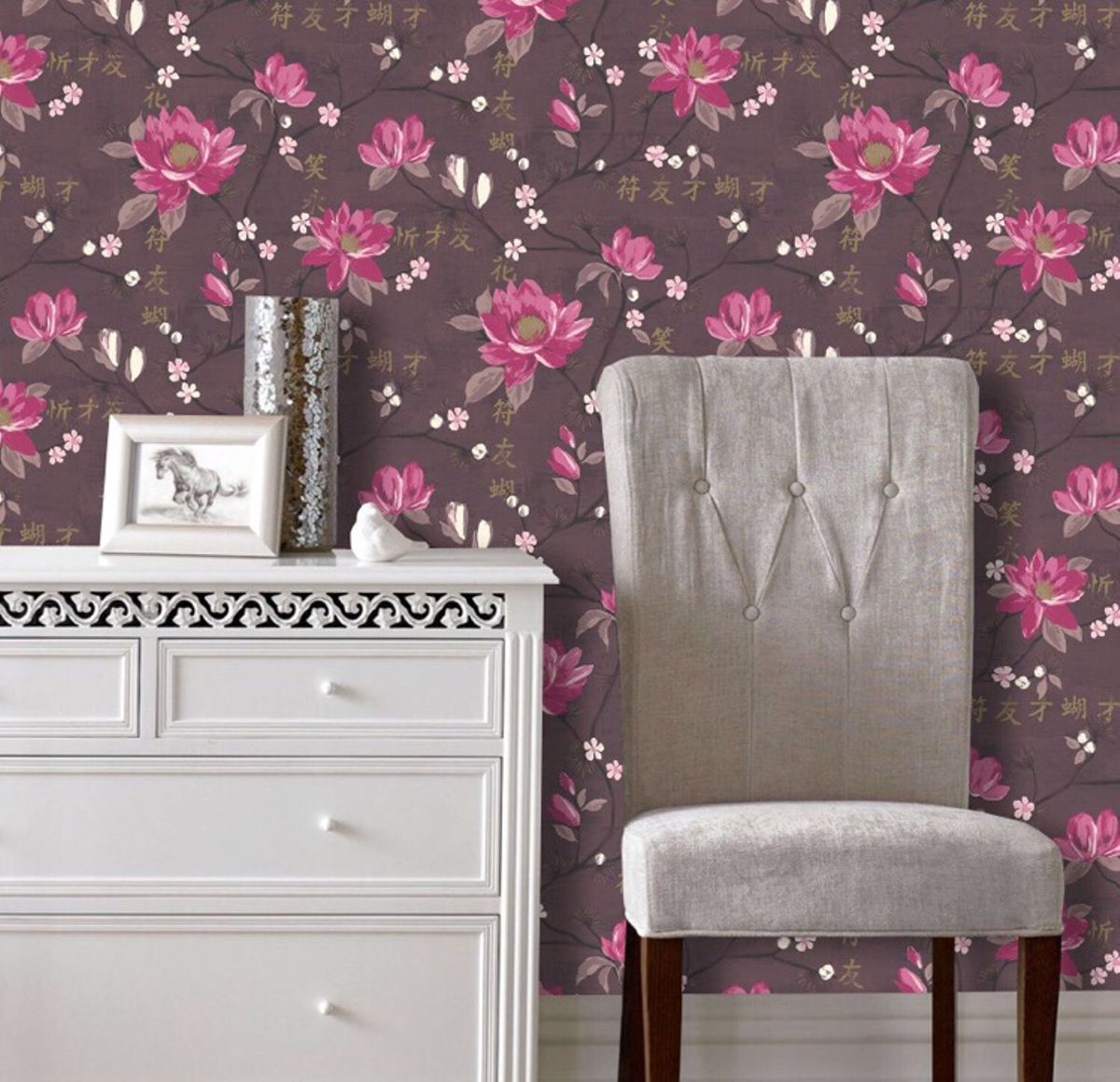 Flower Floral Oriental Wallpaper Luxury Metallic Kaori - Wall - HD Wallpaper 