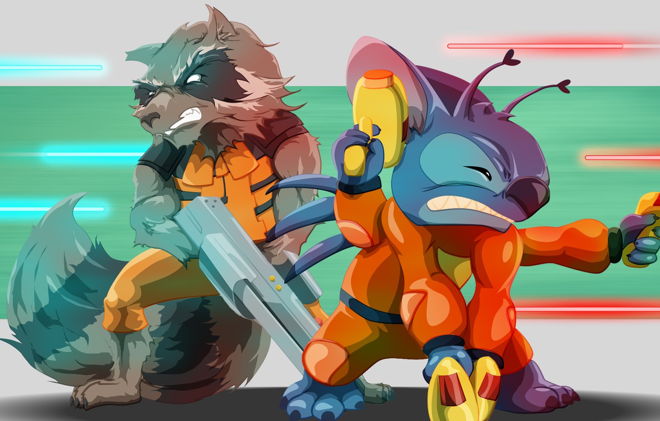Photo Wallpaper Alien, Art, Crossover, Stitch, Rocket, - Rocket Raccoon Stitch - HD Wallpaper 